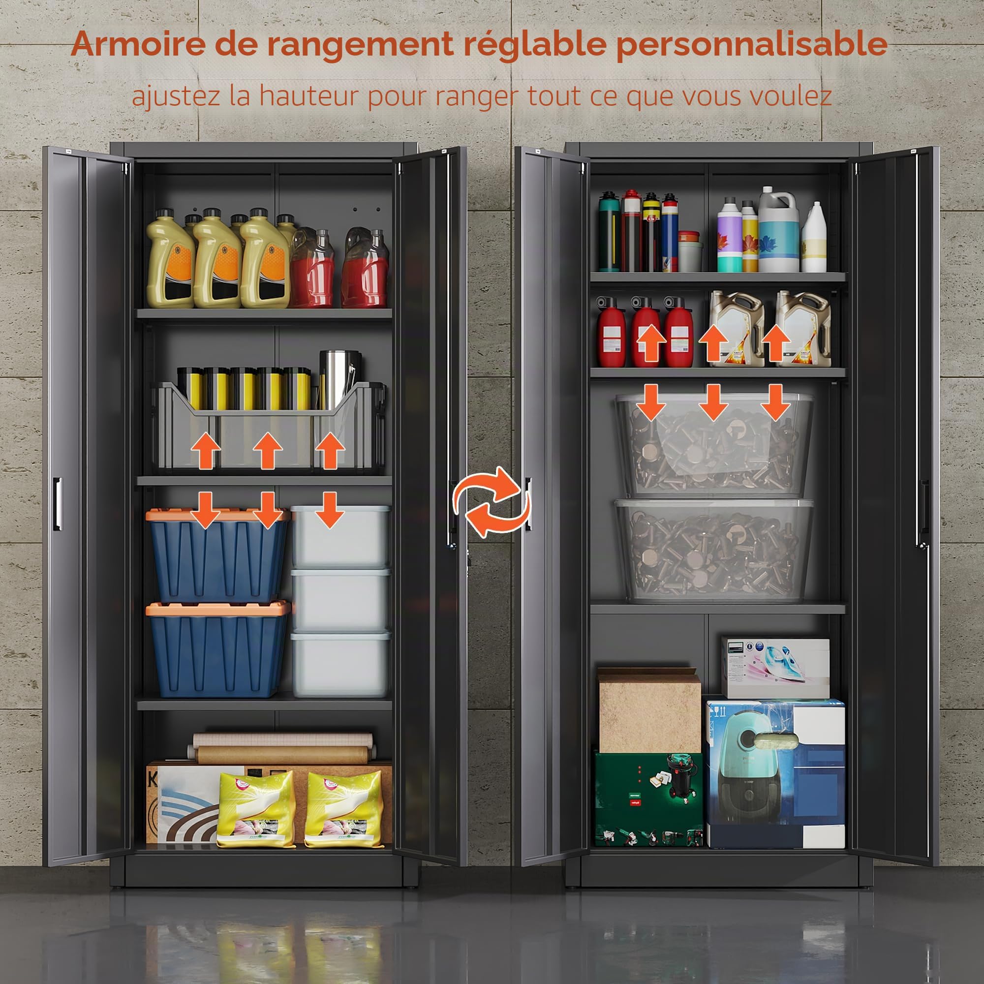 Armoire de rangement en métal avec 2 portes et 3 étagères réglables, armoire de rangement verrouillable de 170 cm, garage, maison, bureau, assemblage facile requis (noir)