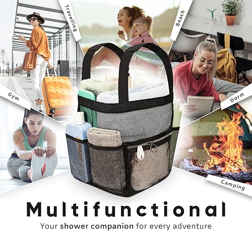 Miniatura 5 de Organizador de ducha de malla para dormitorio, 7 bolsillos y 1 con cremallera, bolsa de ducha con asas acolchadas, portátil de viaje, organizador de