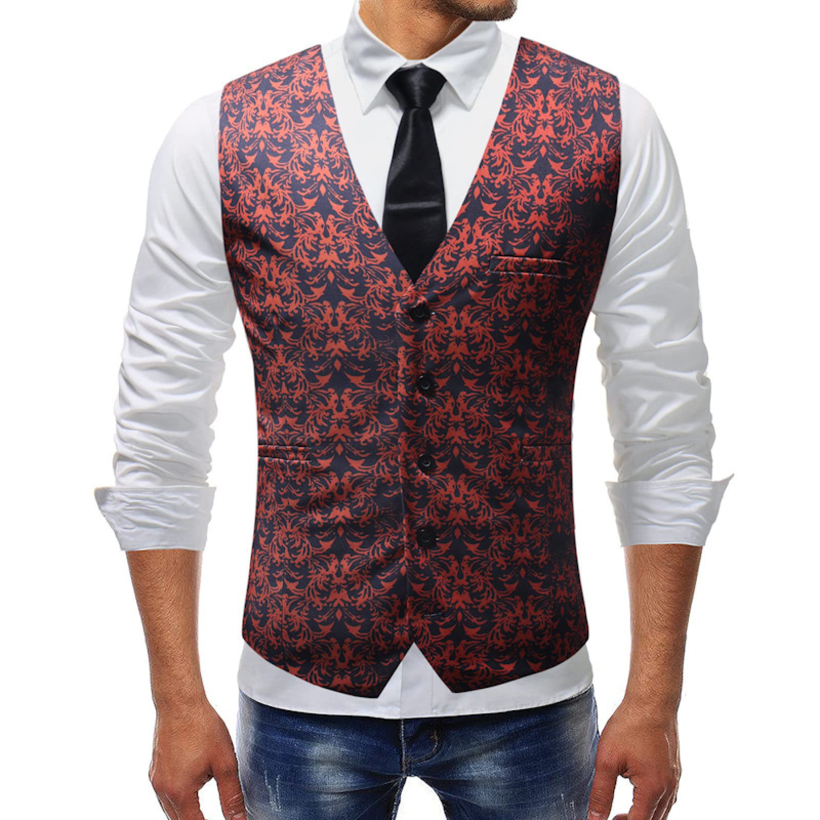 Gilet De Costume - Gilet Pour Hommes Imprimé Floral Homme Gilet Col En V Coupe Ajustée Mariage Garçon D'honneur Vêtements Décontracté Veste D'affaires Gilet Couleur Unie Gilet Fête De Mari