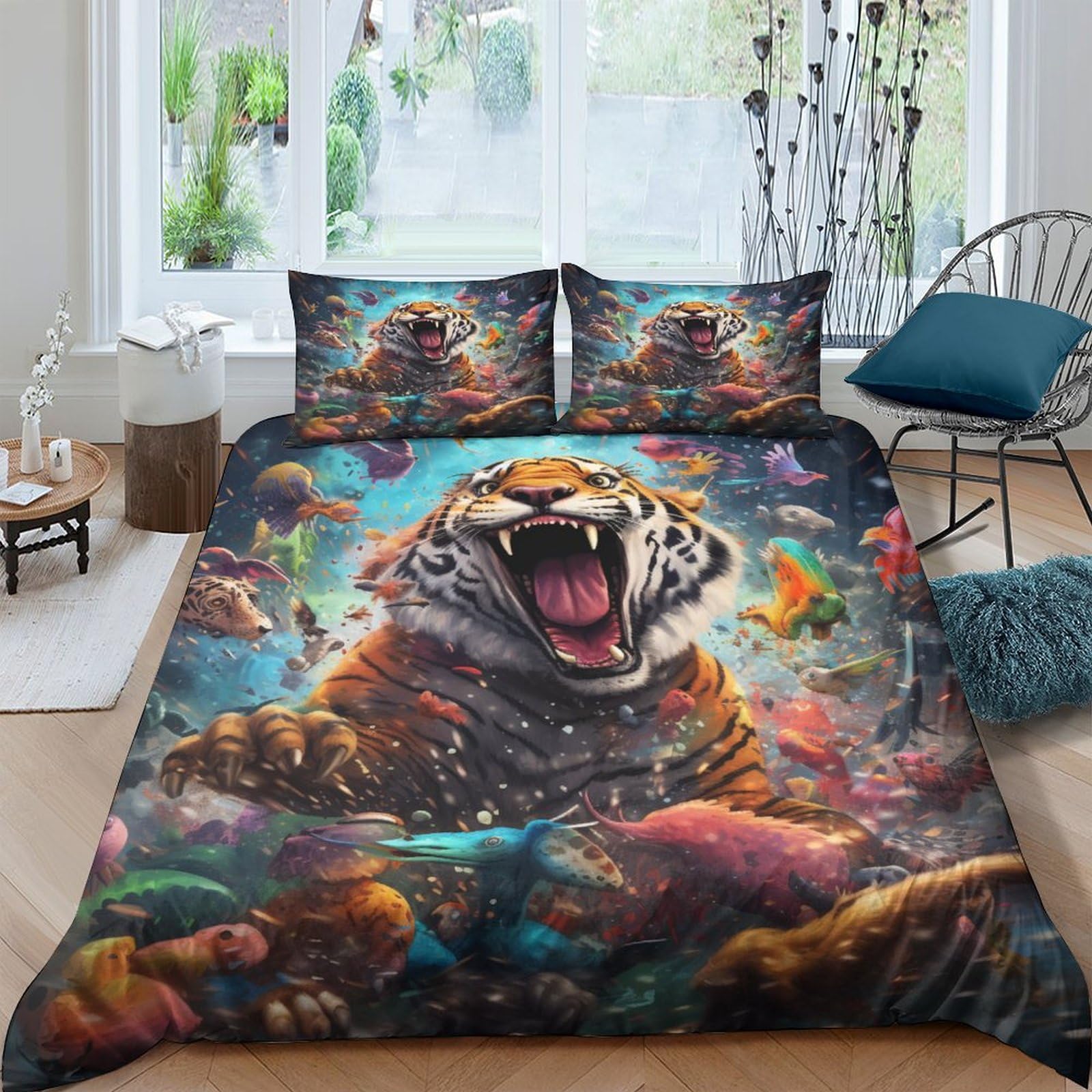 Housse de couette tigre 200x200 cm avec 2 taies d'oreiller en microfibre pour lit double
