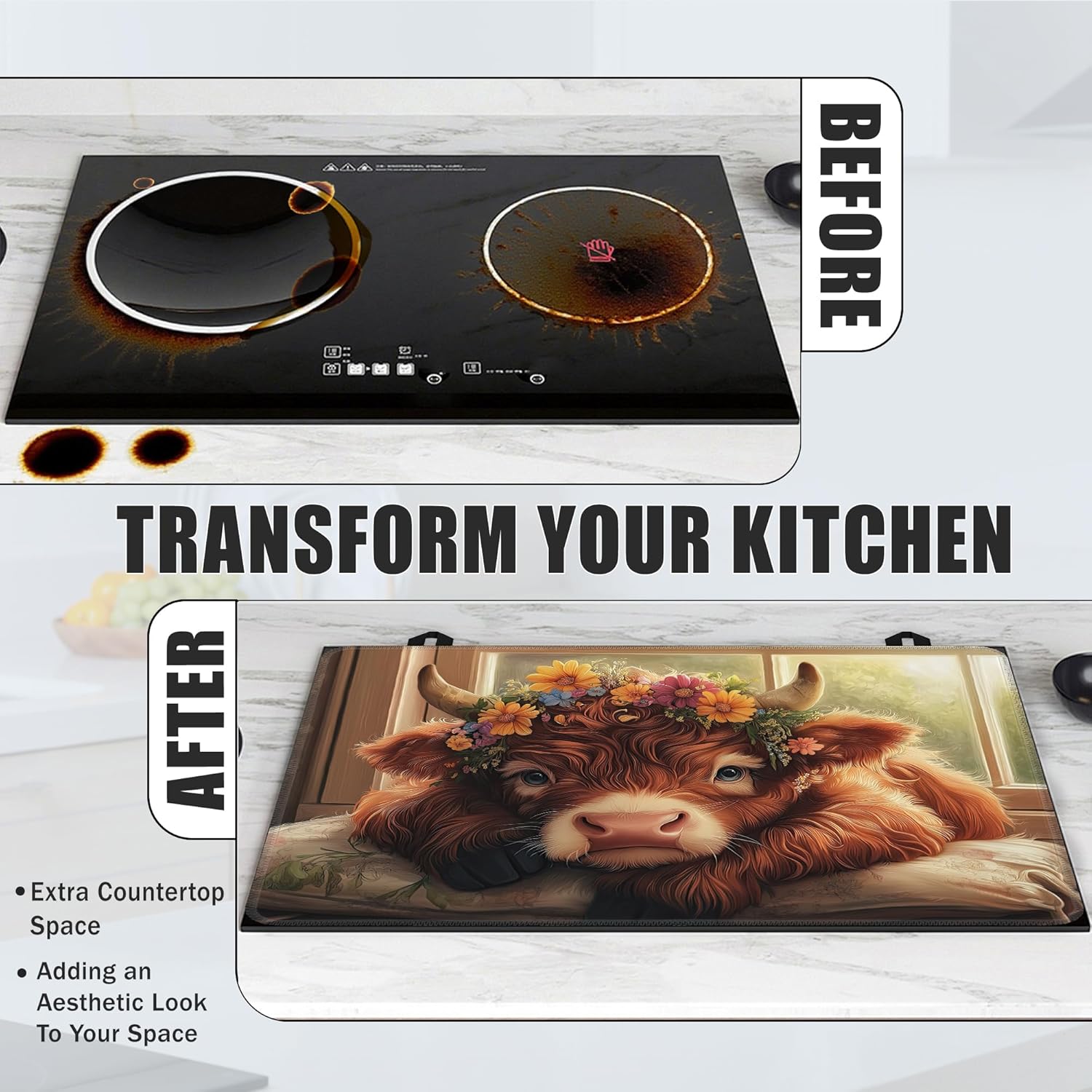 Cute Highland Cow Glass Top Stove Cover Protector,Rustic Flower Heat Resistant Stove Top Cover, Large Size Range Covers for Electric Stove Countertop Mat, 28 x 20 Inch