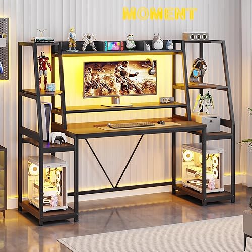 Miniatura 3 de SEDETA Escritorio blanco para juegos de 65.7 pulgadas con luces LED, gabinete y estantes de almacenamiento, escritorio para computadora con soporte