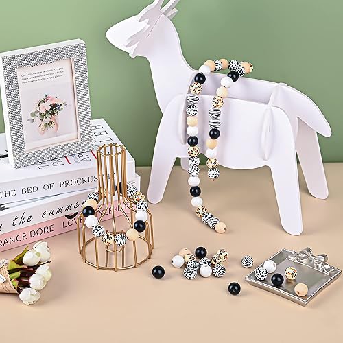 Miniatura 5 de Juego de 240 cuentas de madera de cebra de vaca de leopardo de 0.630 in, cuentas de madera de granja blancas y negras, cuentas redondas con