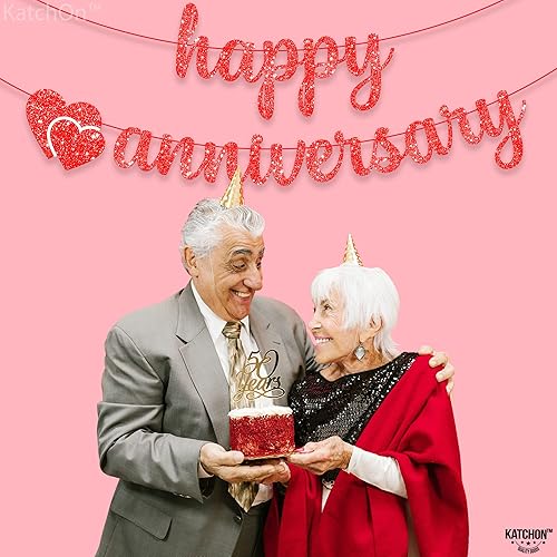 Miniatura 7 de KatchOn, Cartel de feliz aniversario con purpurina roja, 10 pies, sin bricolaje, decoraciones de feliz aniversario, romántico, letrero rojo de feliz