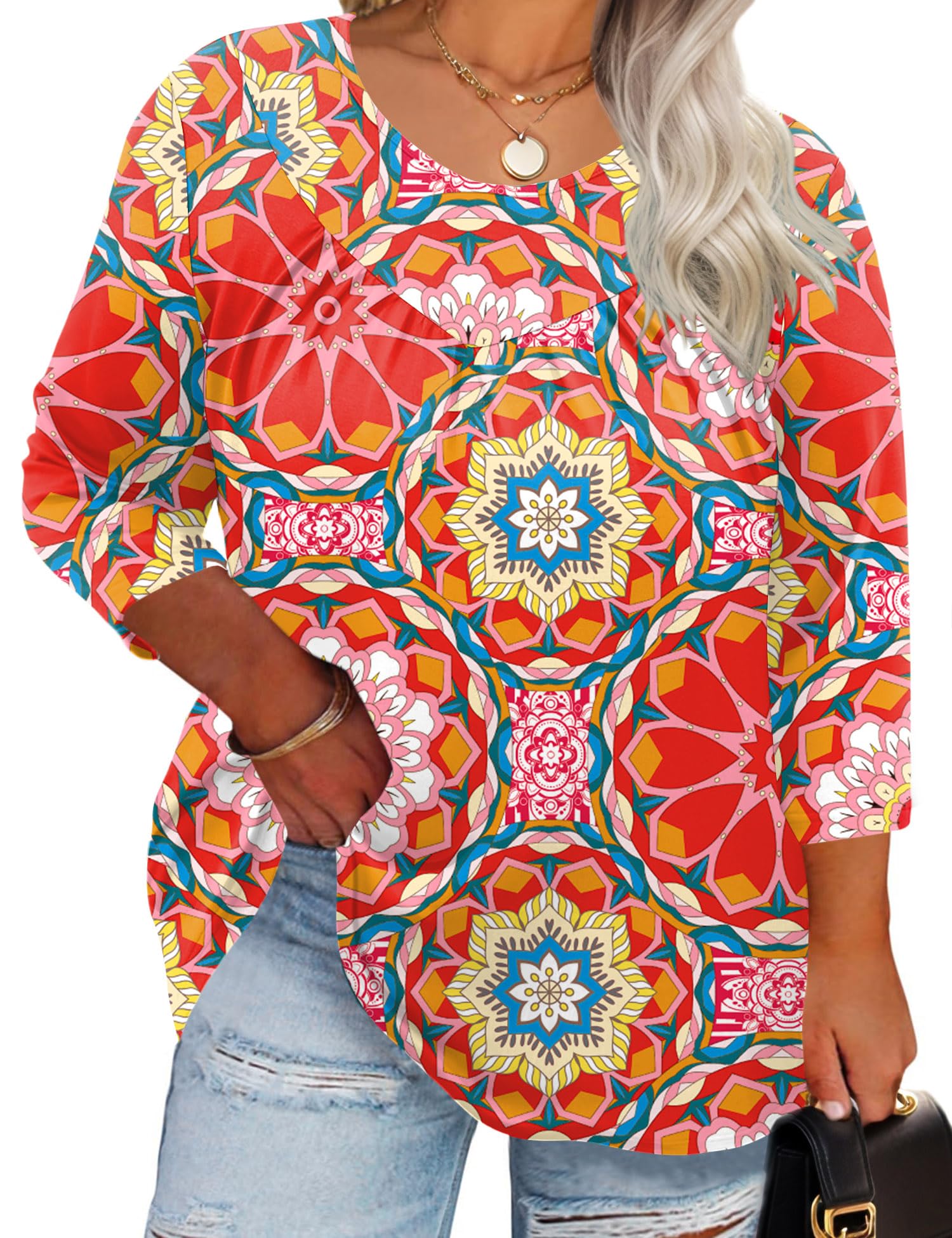 TFSDOD Womens Plus Size Tops 3/4 Length Sleeve Blouses Crew Neck Shirts Casual Loose Tunic Tops 1X-5X