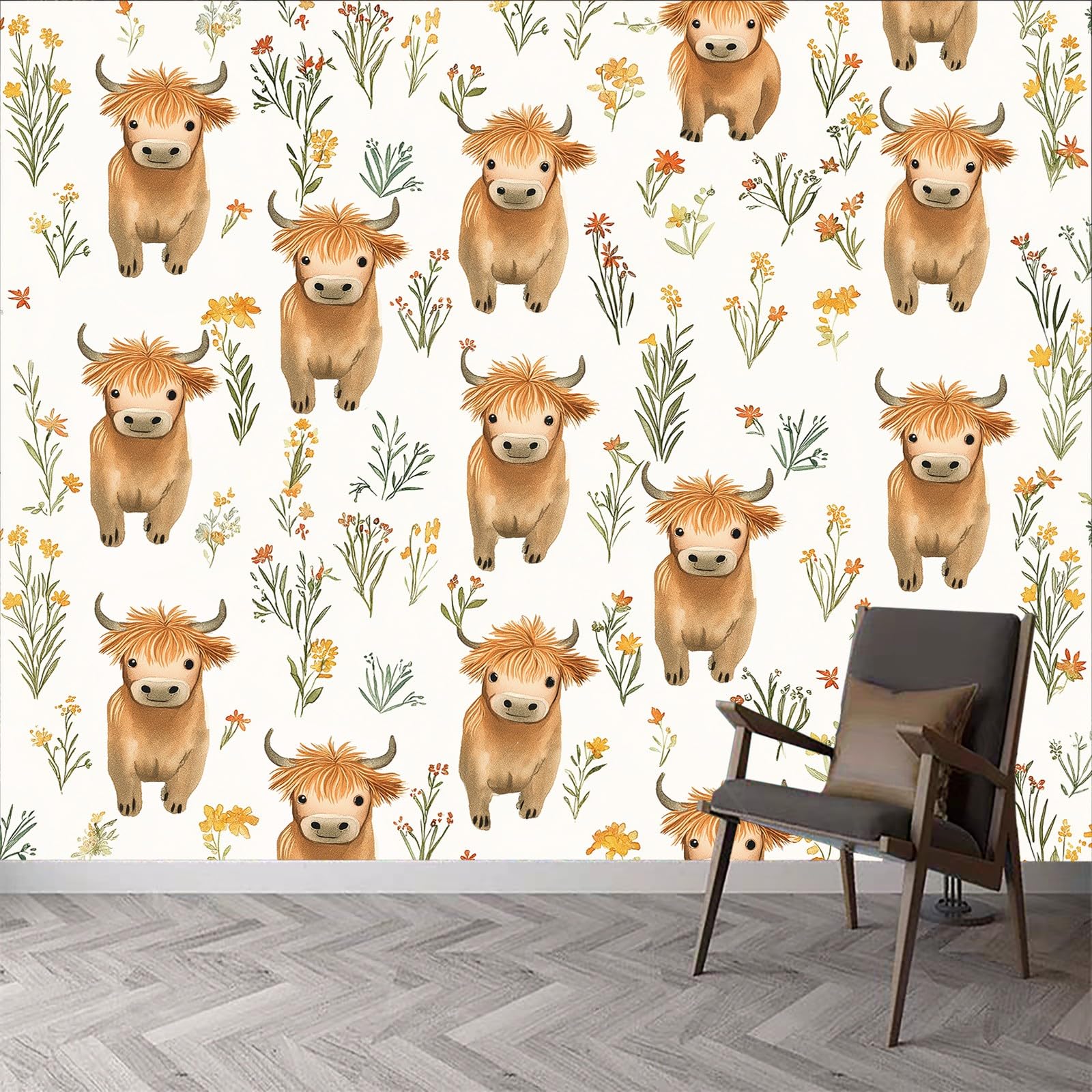 Tapeta ścienna z motywem zwierzęcia z kreskówki, wołowina górska, fototapeta, zwierzęta z kreskówki, tapeta ścienna, 400 x 280 cm (szer. x wys.), dekoracja ścienna, tapeta ścienna, tapeta z włókniny