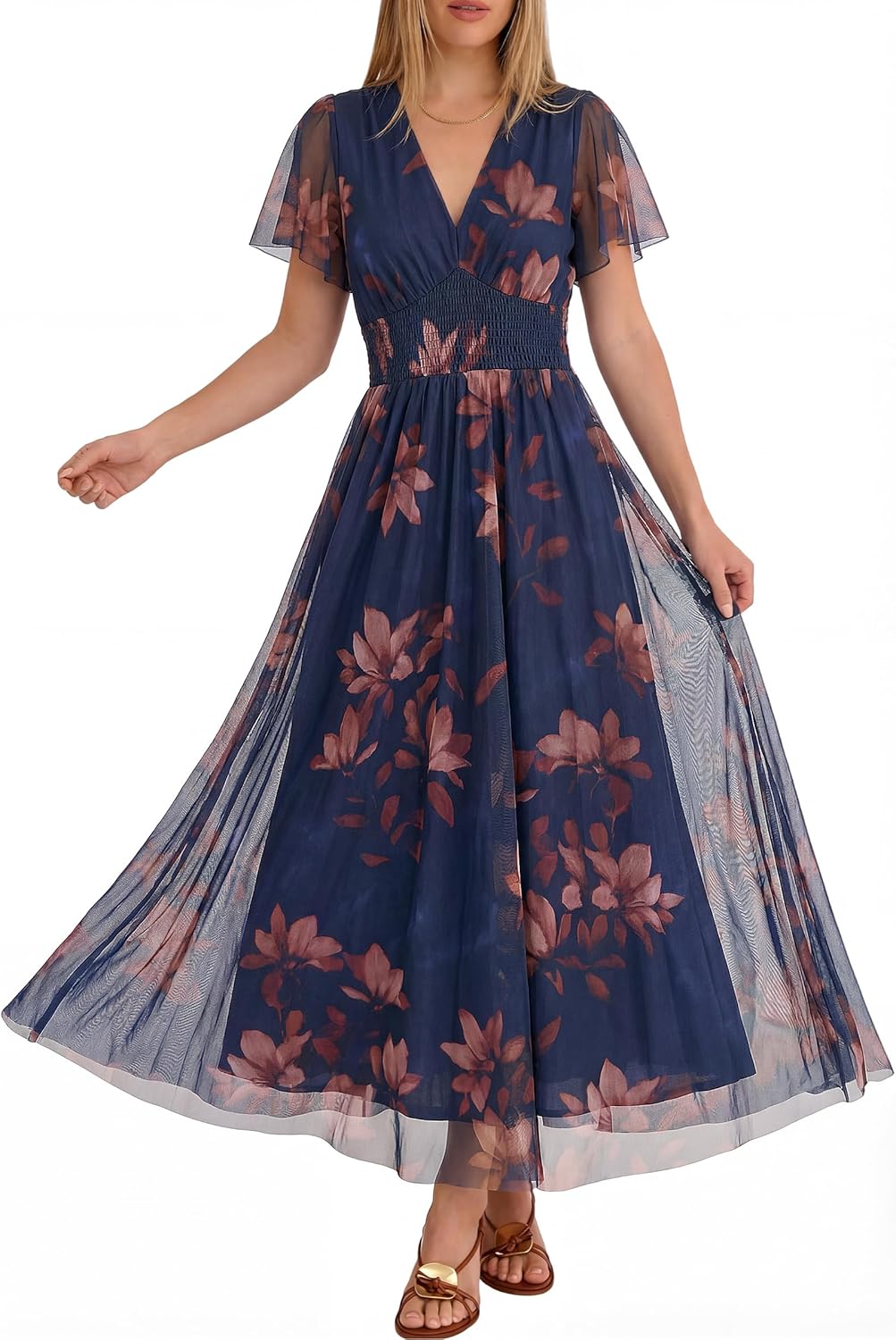 ANRABESS Women Summer Floral Maxi Dress Short Sleeve Boho Flowy Tulle Beach Vacation Wedding Guest 2026 Party Long Dresses