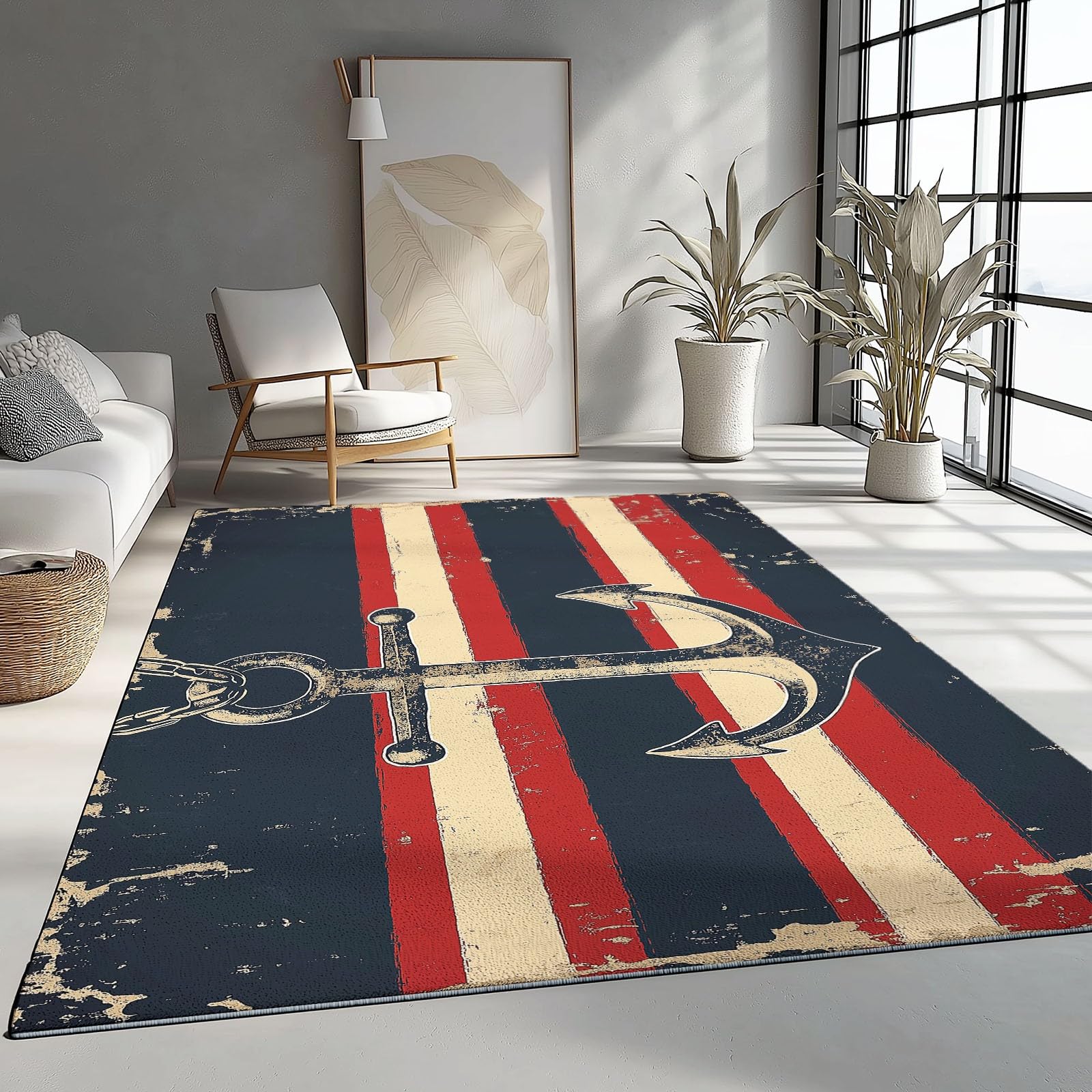 Tappeto Strisce Ganci Effetto Consumato Vintage Stampa Tappeto Lavabile, Moquette Antiscivolo Morbido 160 x 230 cm Scendiletto Camera da Letto Tappeti Lavabili per Salotto Cameretta Bambino, Rosso Blu