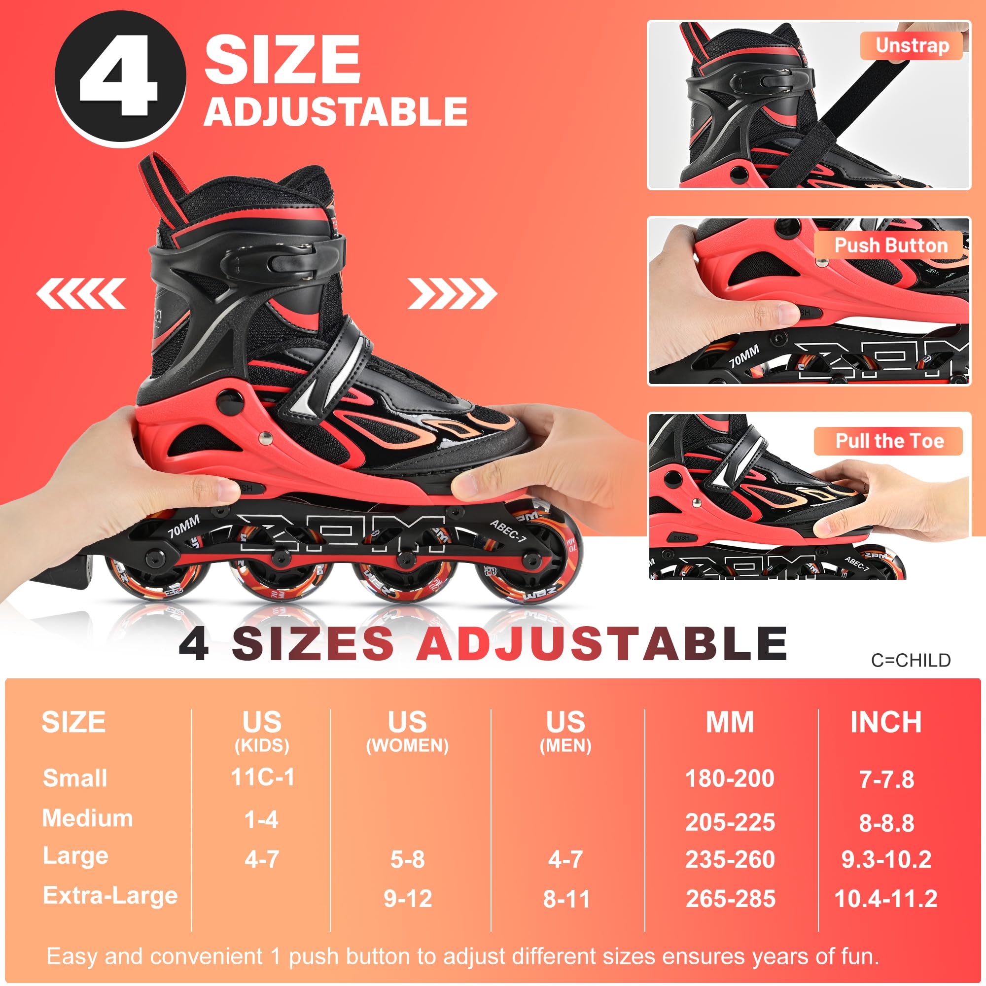 2PM SPORTS Vinal Inline Skates for Girls Boys Kids Ages 5-8 8-12 with Adjustable Illuminating Wheels, Inline Roller Skates for Youth Women Men - Red Medium