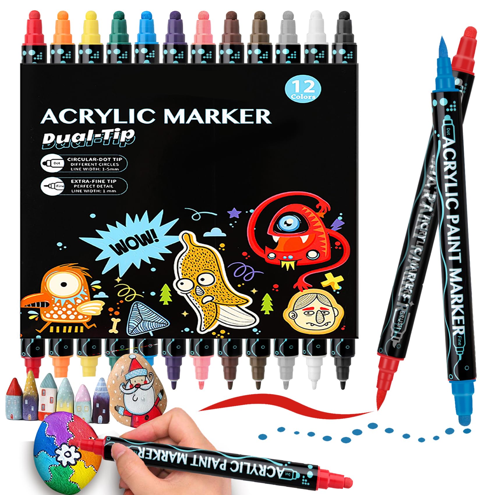 SHUBEIEUMI Rotuladores Acrilicos con Doble Punta, 12 Colores Rotuladores Pintura Acrilica, con Fina y Pincel, para Pintar Piedras Tela Vidrio Guijarros Metal Cerámica