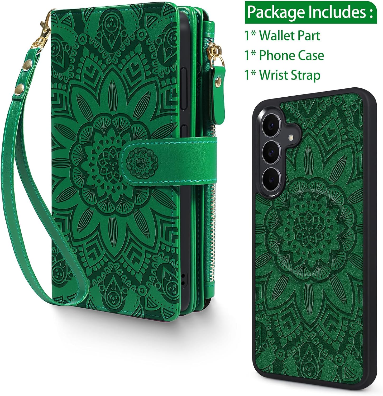 Harryshell Detachable Wallet Case for Samsung Galaxy S25 FE Compatible with Magsafe RFID Blocking Card Slots Removable Phone Cover Zipper Purse Kickstand Wrist Strap for Men Women Floral Green