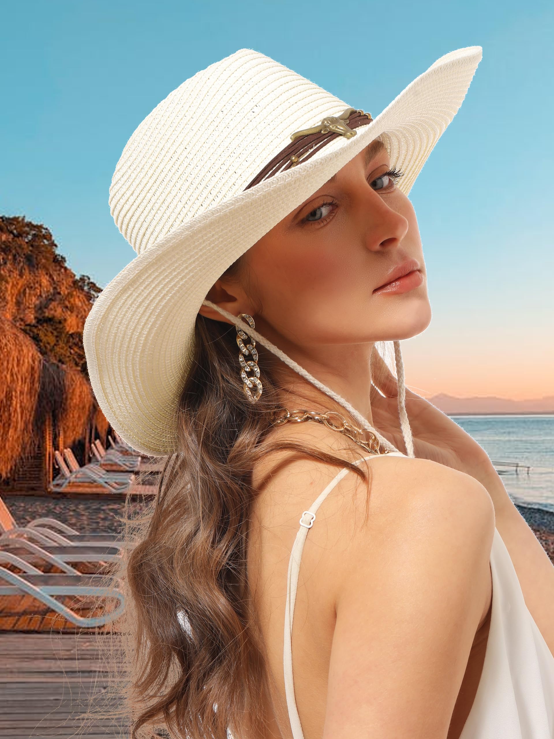 soul young Sombreros de vaquero para mujeres y hombres, sombrero de vaquero occidental de paja con correa de barbilla resistente al viento, gorra de playa
