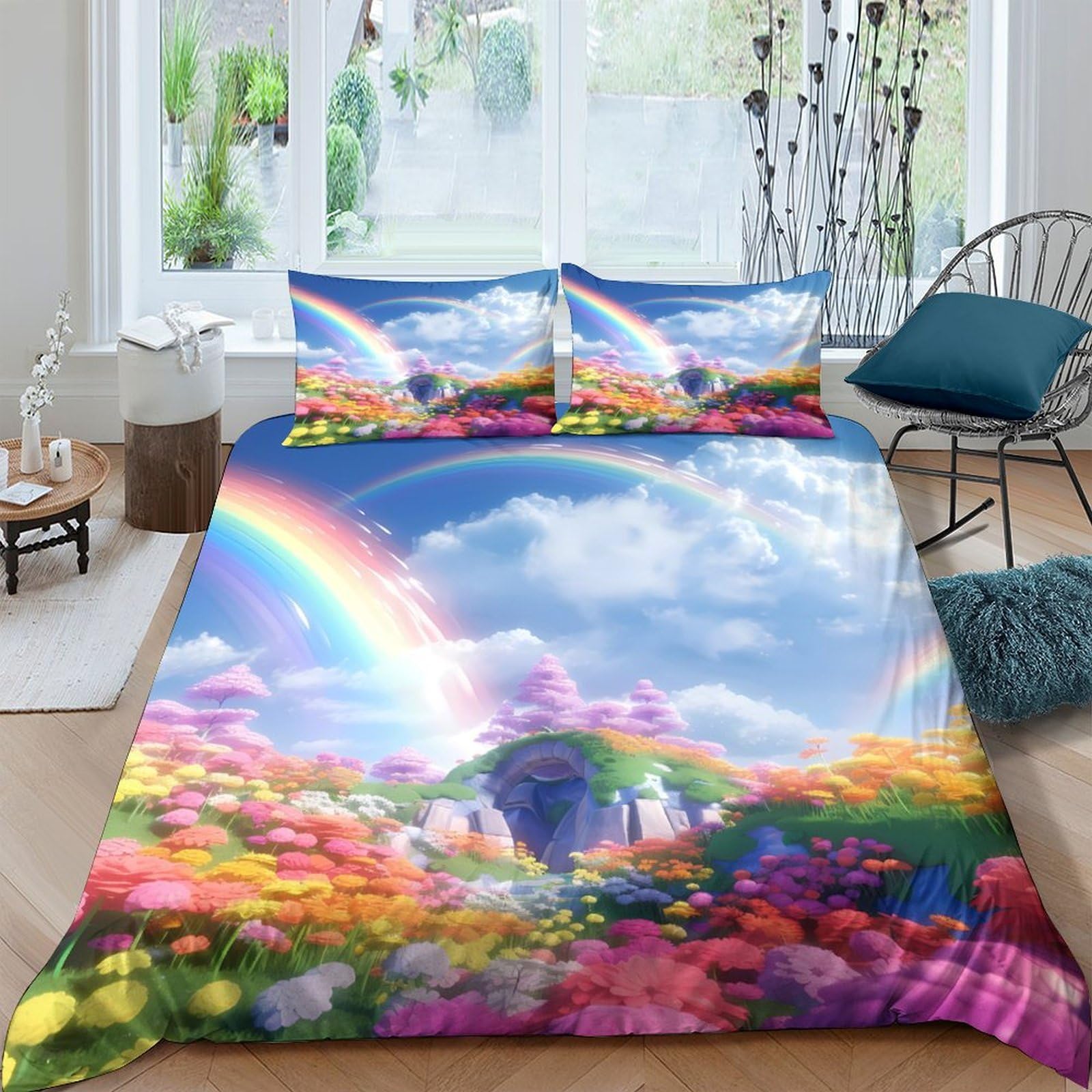 3D Printed Rainbow Sky Bedding Cover Durable Fabric Fantasy Landscape Art Quilt Cover Soft Comfortable Easy Care Family Home Bedroom Use Single（140x200cm）