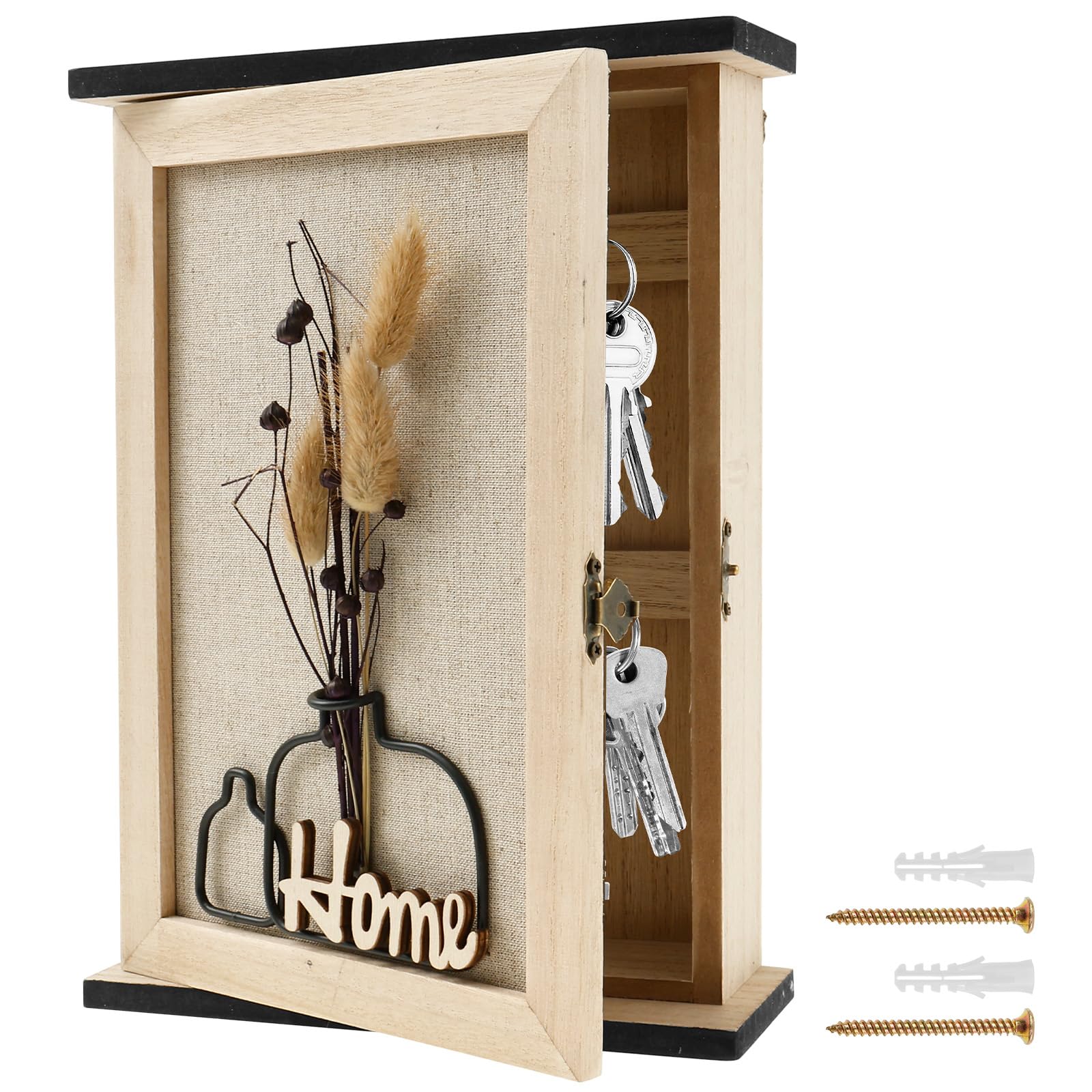 Boîte à clés en bois Toaboa avec 6 crochets à clés, fleurs séchées, rangement mural pour clés, support mural vintage pour entrées, salons, salles de bains et couloirs