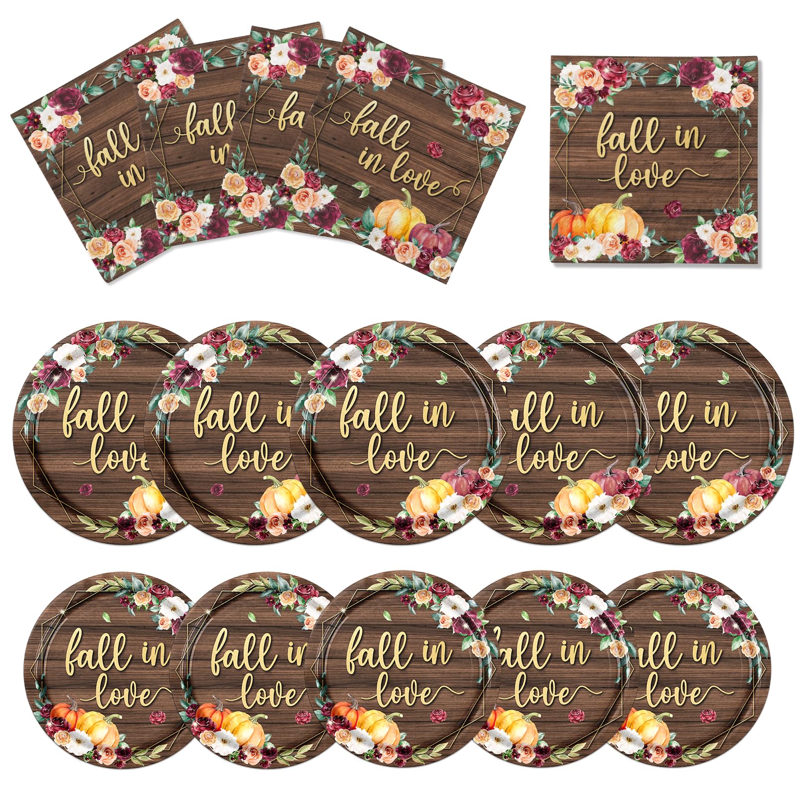 Fall in Love Bridal Shower Plates and Napkins Sets for Table Decorations, Disposable Dinnerware Floral Napkins for Fall Wedding Engagement Boho Party