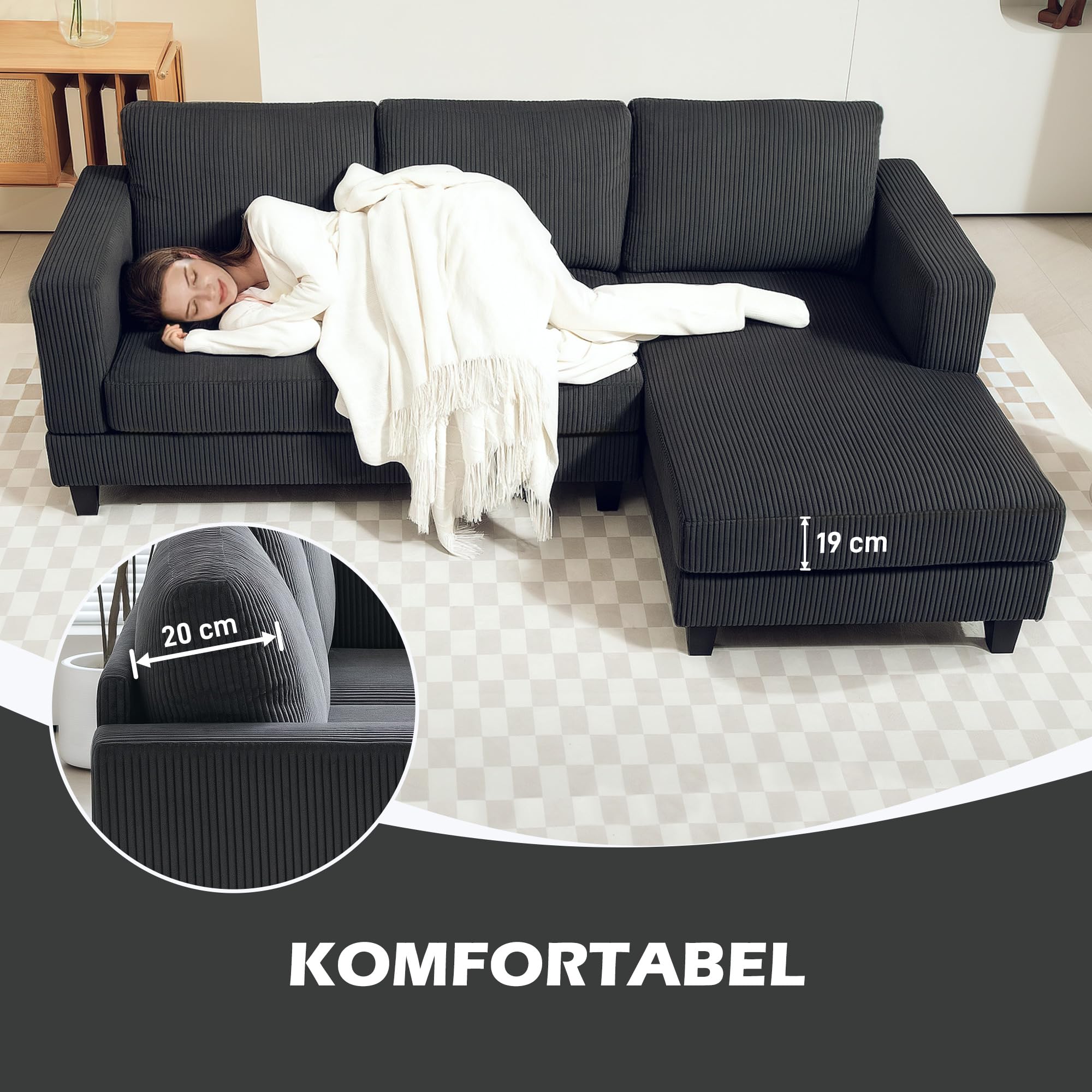 HOMCOM Ecksofa Couch mit Chaiselongue L Form 214 x 134 x 87 cm Dunkelgrau | 3 Sitzer Sofa, Gepolsterte Eckcouch mit Cord-Optik, Hochdichtem Schaumstoff, bis 400 kg, für Wohnzimmer, Schlafzimmer