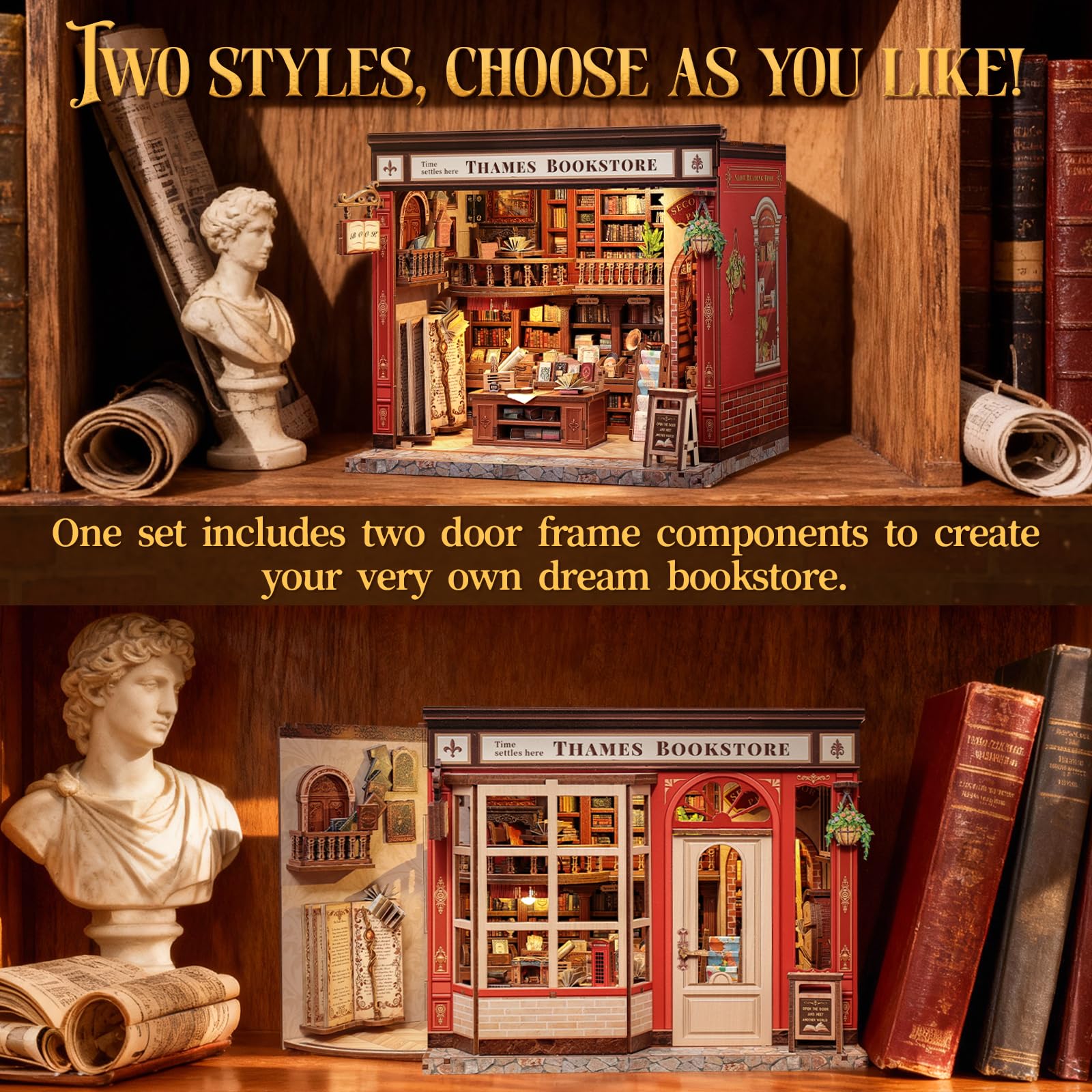CUTEBEE Book Nook Kit - Domek Dla Lalek Dla Dorosłych, Zaczarowana Brytyjska Księgarnia, Zrób To Sam Miniaturowy Dom Z Oświetleniem LED, Dekoracja Na Półkę, Prezent(Thames Bookstore)