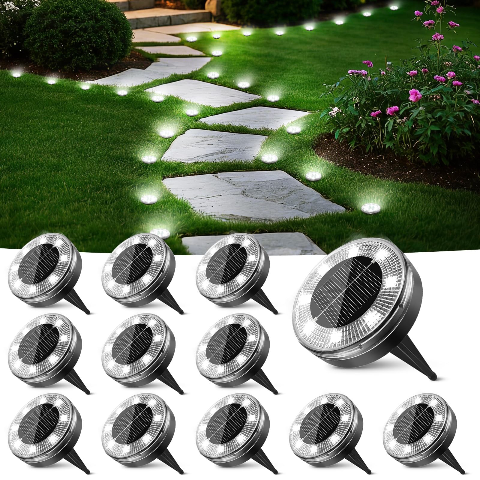 Peasur Mini Solar Ground Lights, 12 Pack Solar Disk Lights Outdoor Waterproof, 5.8CM Small Solar Lights Outdoor Garden for Pathway Garden Yard Lawn Walkway-Cool White