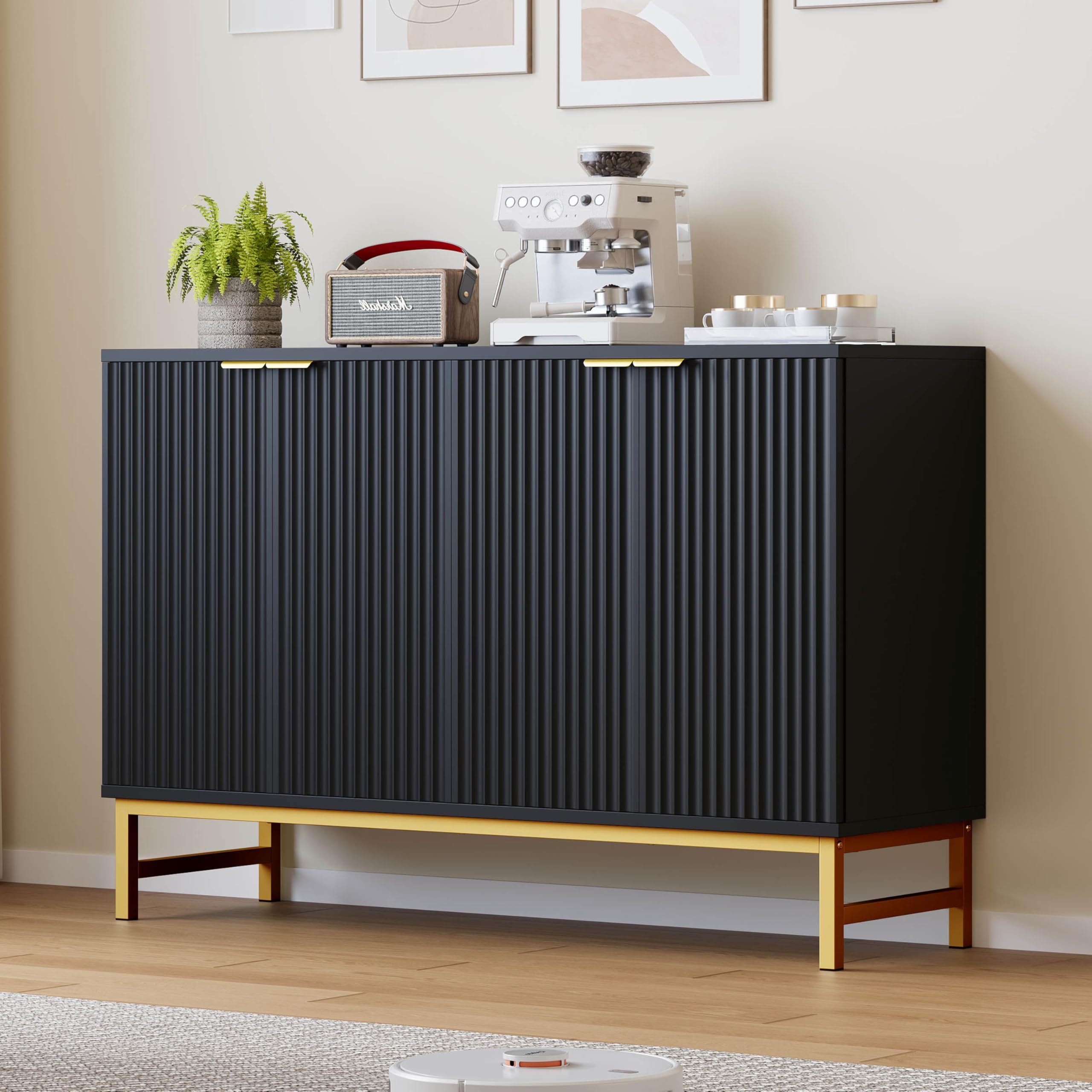 Luoxiao 120 cm Sideboard Buffetschrank mit 4 Türen Holz Kommode Modern Küchenschrank mit Metallbeine Schrank für Wohnzimmer, Esszimmer, Küche, Flur, Büro, Schwarz