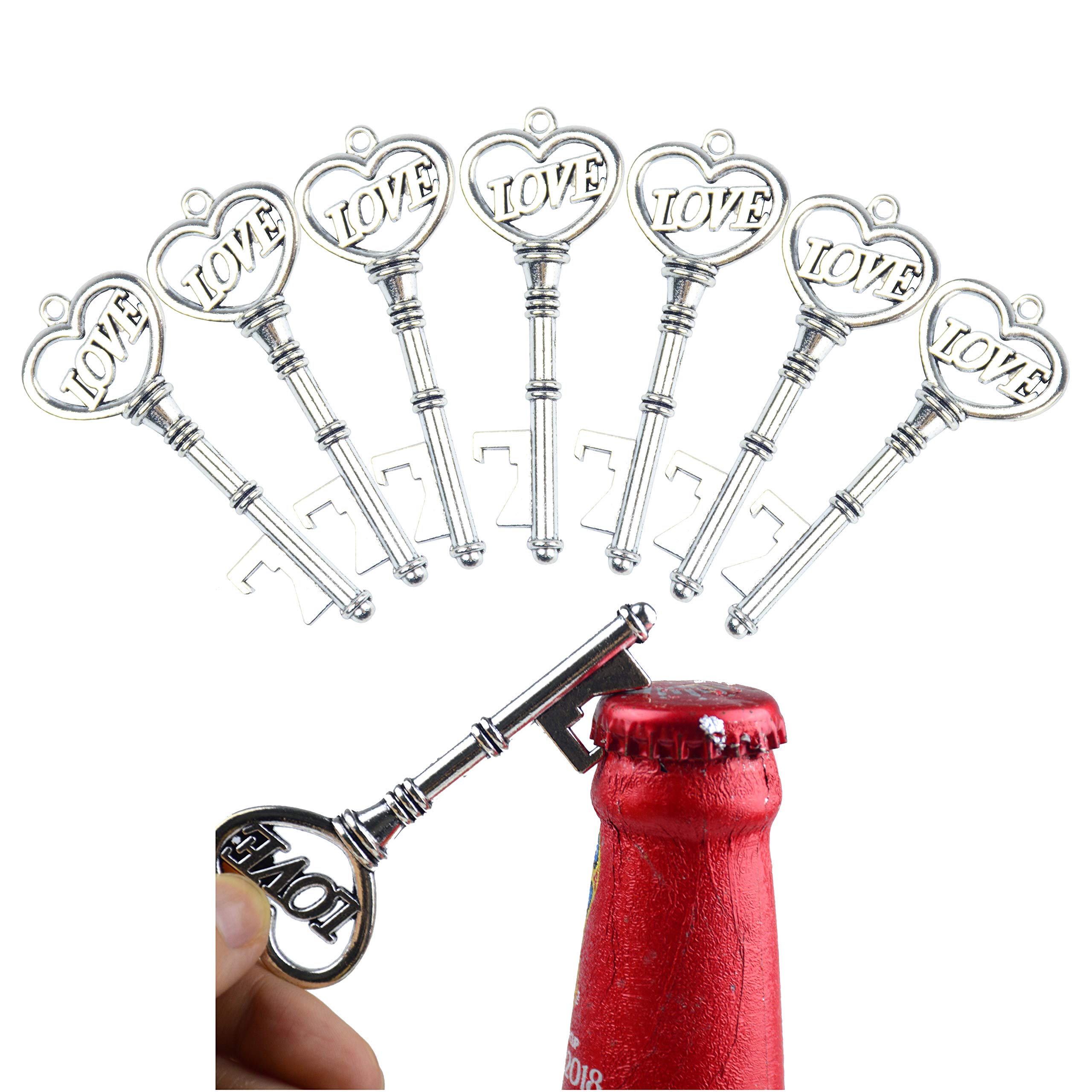 Makhry 50 Pezzi a Forma di Cuore con Love Apribottiglie Chiave Vintage Bomboniera Set Regalo Souvenir con Etichetta Grazie e Nastro di Seta (Antico Argento)