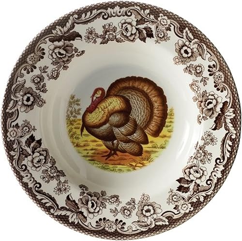 Spode Woodland - Tazón de sopa de 9 pulgadas, juego de 4, tazón grande con motivo de pavo, pasta y ensaladera para Acción de Gracias, hecho de loza