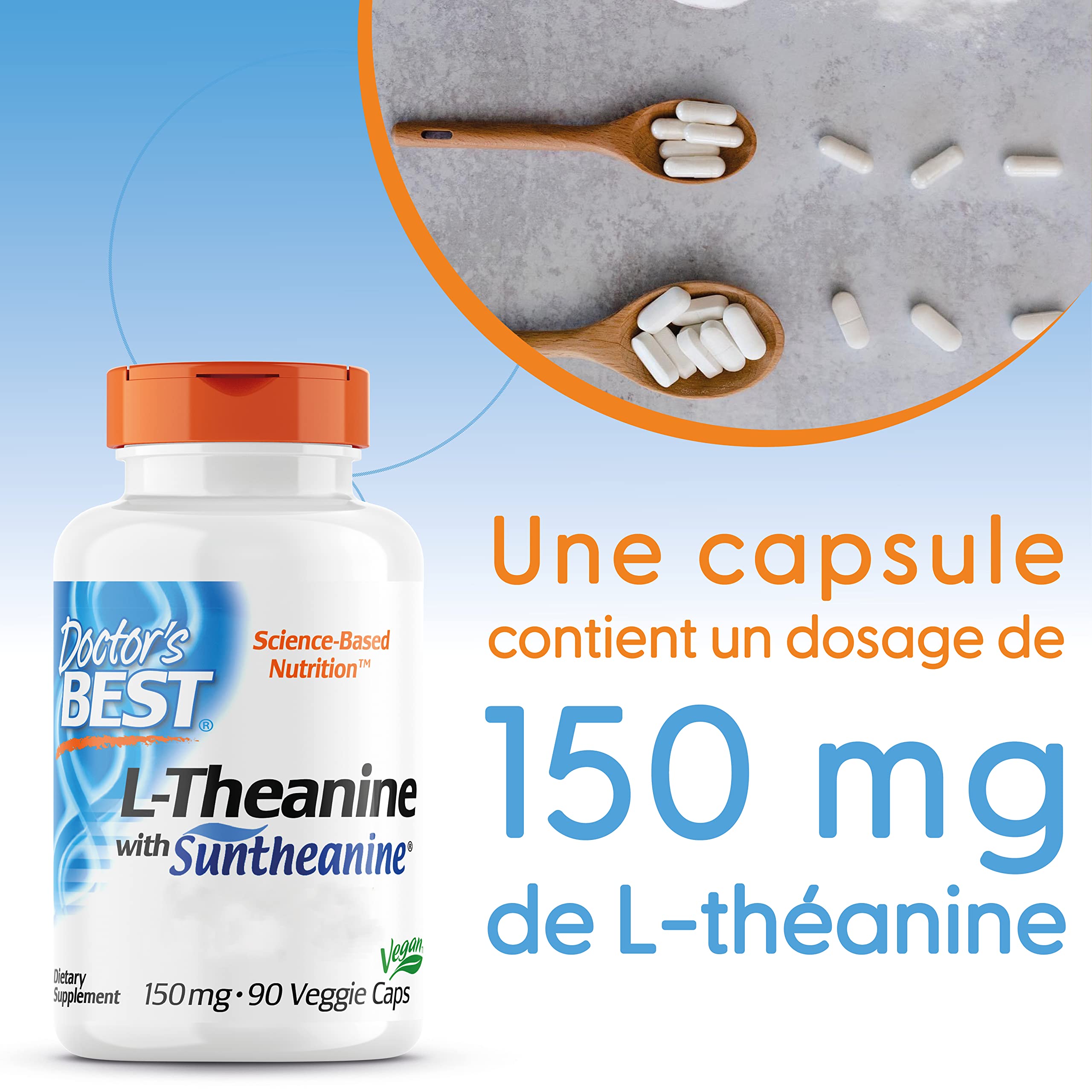 Doctor's Best, L-Théanine avec Suntheanine, 150 mg, 90 Capsules végétaliennes, Testé en Laboratoire, Sans Soja, Sans Gluten, Sans OGM, Acide Aminé