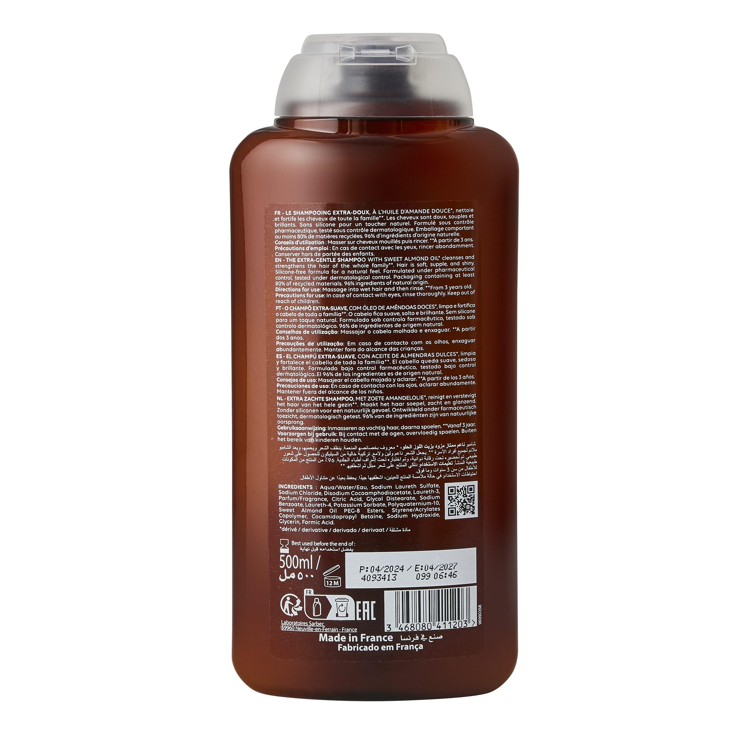 Corine de Farme - Shampooing Extra-Doux à l’Huile d’Amande Douce - Nettoie et Fortifie les Cheveux - Formulation Clean Beauty, Sans Paraben - 500 ml