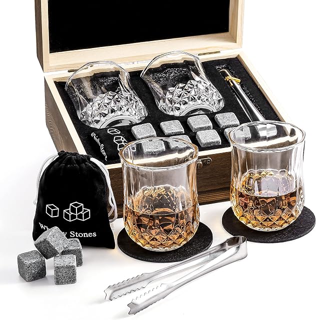 Qinhai Whiskey Stones and Glasses Gift Set, 2 Bourbon Glasses and 8 Granite Ice Cubes, Valentines Father's Day Birthday Santa Christmas Present for Men Dad Him Uncle Grandad Teacher Boyfriend