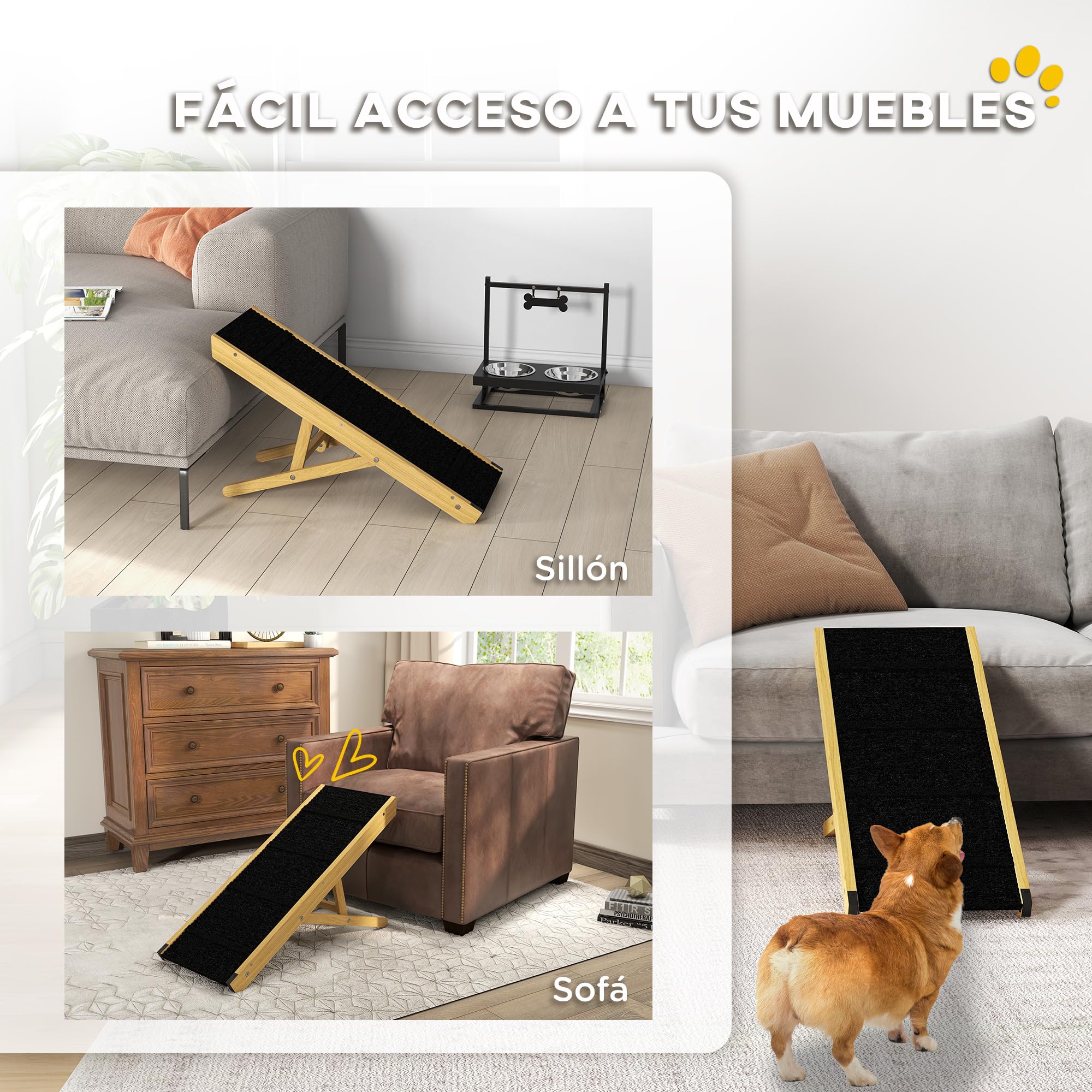 PawHut Rampa para Perros Plegable Rampa para Mascotas de Madera con Altura Ajustable en 4 Niveles para Perros Pequeños y Medianos 83,5x35x47,5 cm Natural