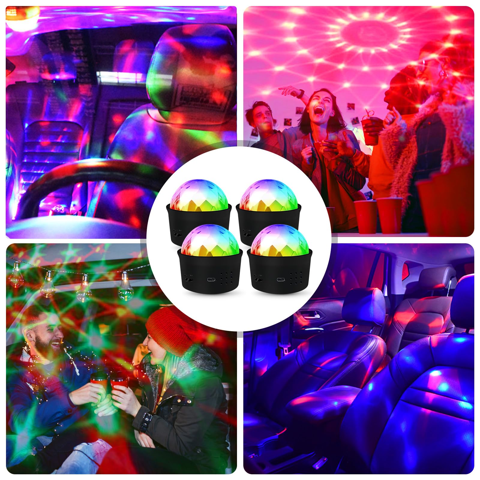 BORDEAG Lámpara de Fiesta LED: 4 Piezas Efectos Luminosos Dinámicos RGB, Control Musical, Rotación 360°, con Control Remoto, para Fiestas, Disco, Cumpleaños Niños (55 * 53 * 53mm, Negro)