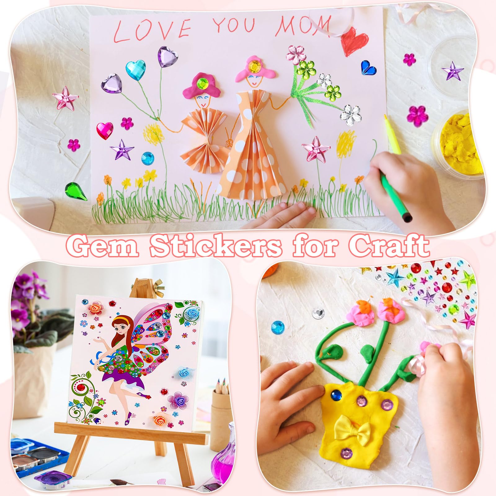 Lezmarket 3500 calcomanías de gemas para manualidades infantiles, 10 hojas autoadhesivas de gemas para manualidades, calcomanías de piedras preciosas brillantes decorativas para maquillaje y