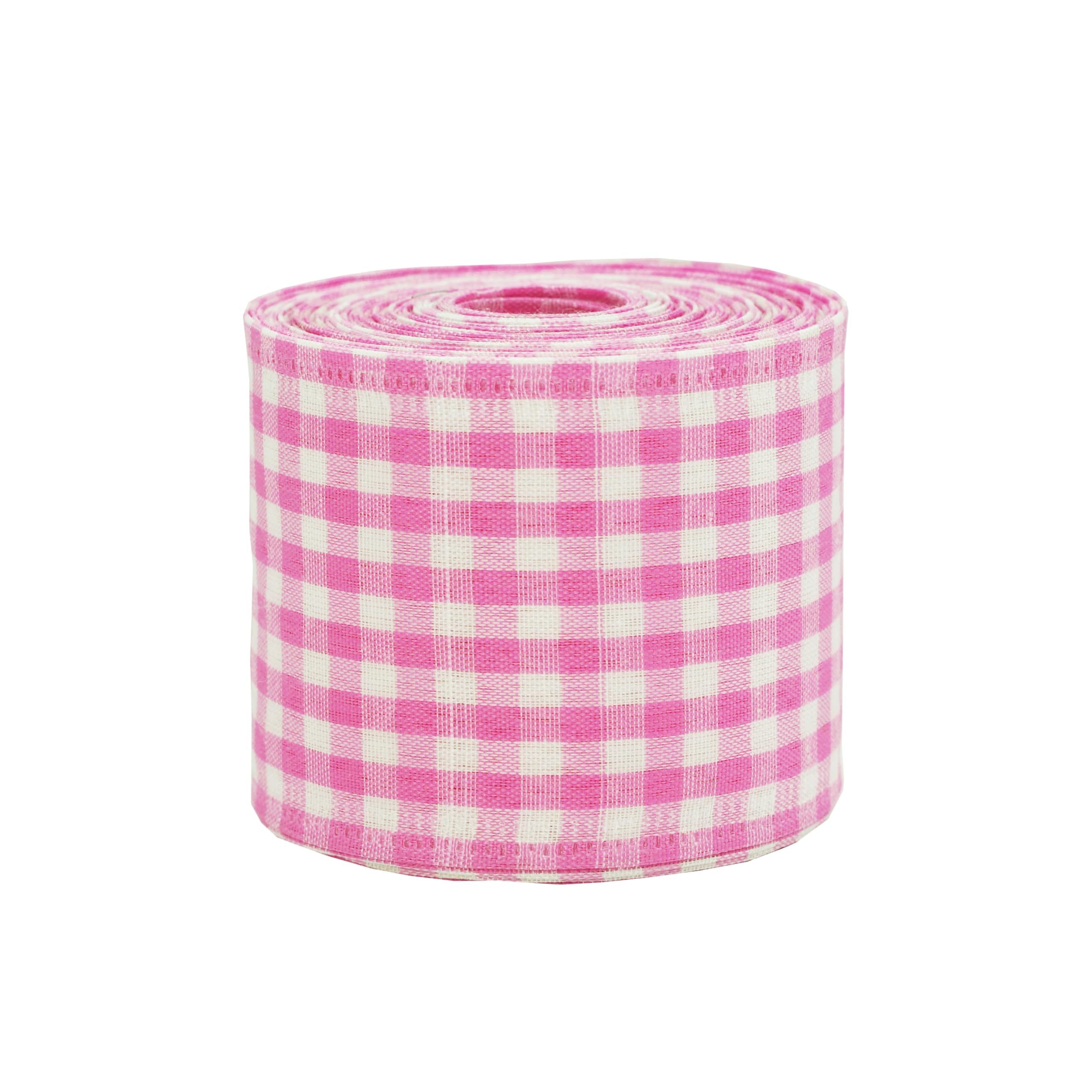 2" x 10 Yards Pink Wired Edge Ribbon, Pink and White Plaid Wired Ribbon for Wreath, Gift Wrapping for Home, Holiday & Birthday Decor