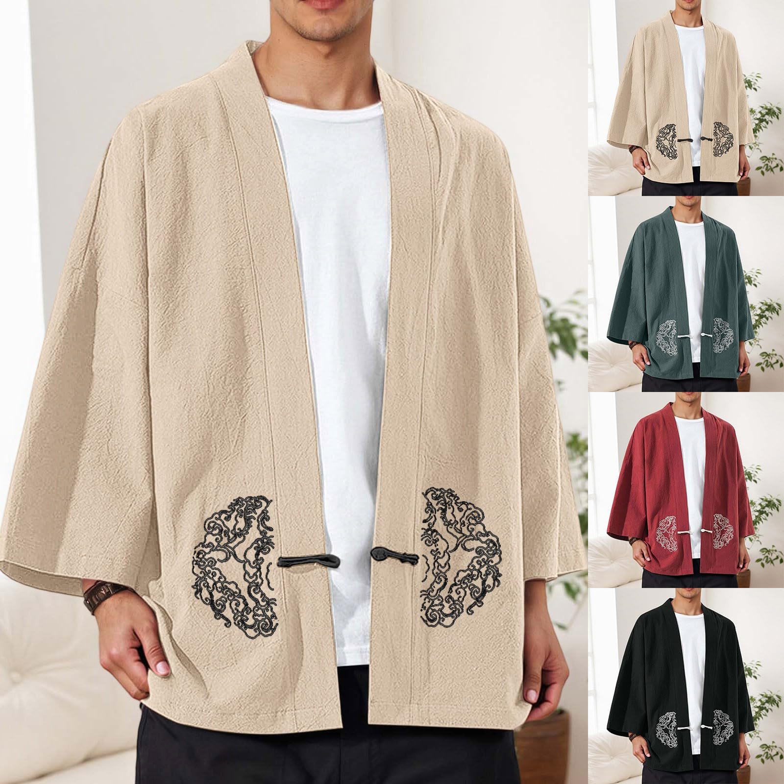 Generisch Kimono japonés para hombre Happi Haori Chaqueta tradicional Ropa de dormir Algodón Lino Abrigo Sakura Estampado Chaqueta de entretiempo Chaqueta de punto Samurai Yukata Camisón Albornoz
