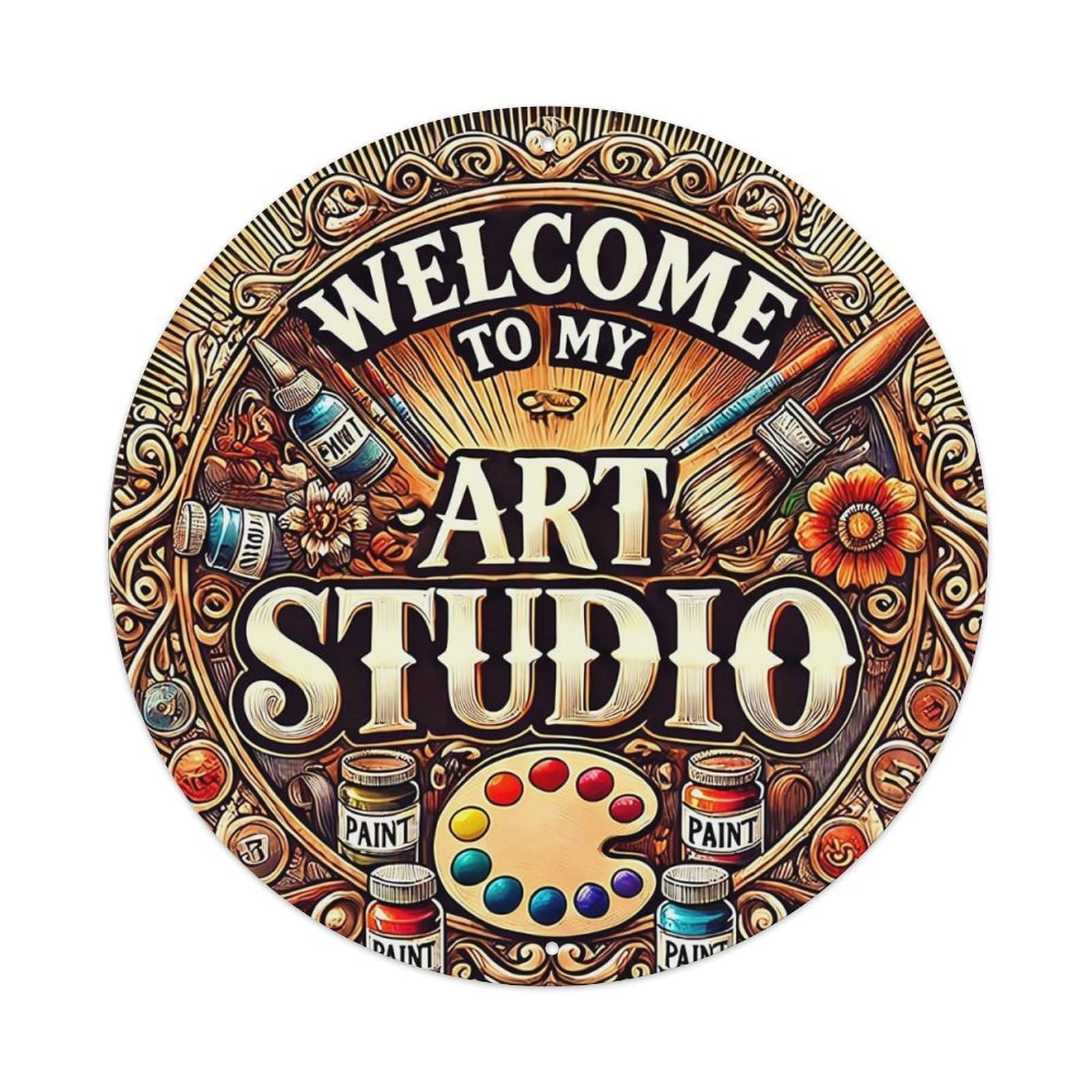 Art Studio Welcome Sign Pattern Vintage Round Tin Sign Retro Metal Wall Decor Metal Poster, Home Bar Garage Cafe Wall Art Decoration 8x8Inches