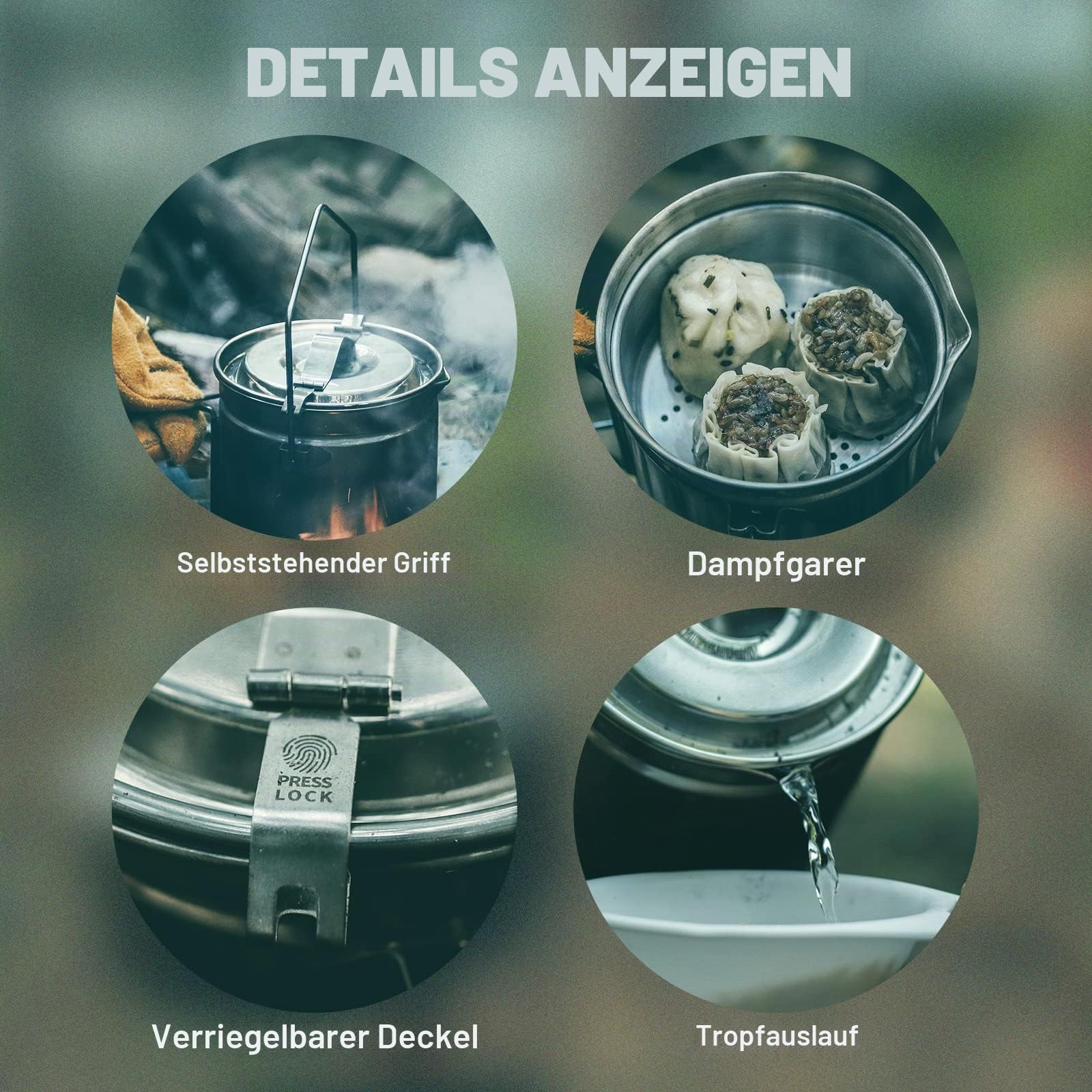 Fire-Maple Campingtopf Edelstahl Camping-Hängetasse mit Dampfkorb 1,2 l Lagerfeuer-Kaffeetasse mit Faltbarem Griff für das Kochen im Freien