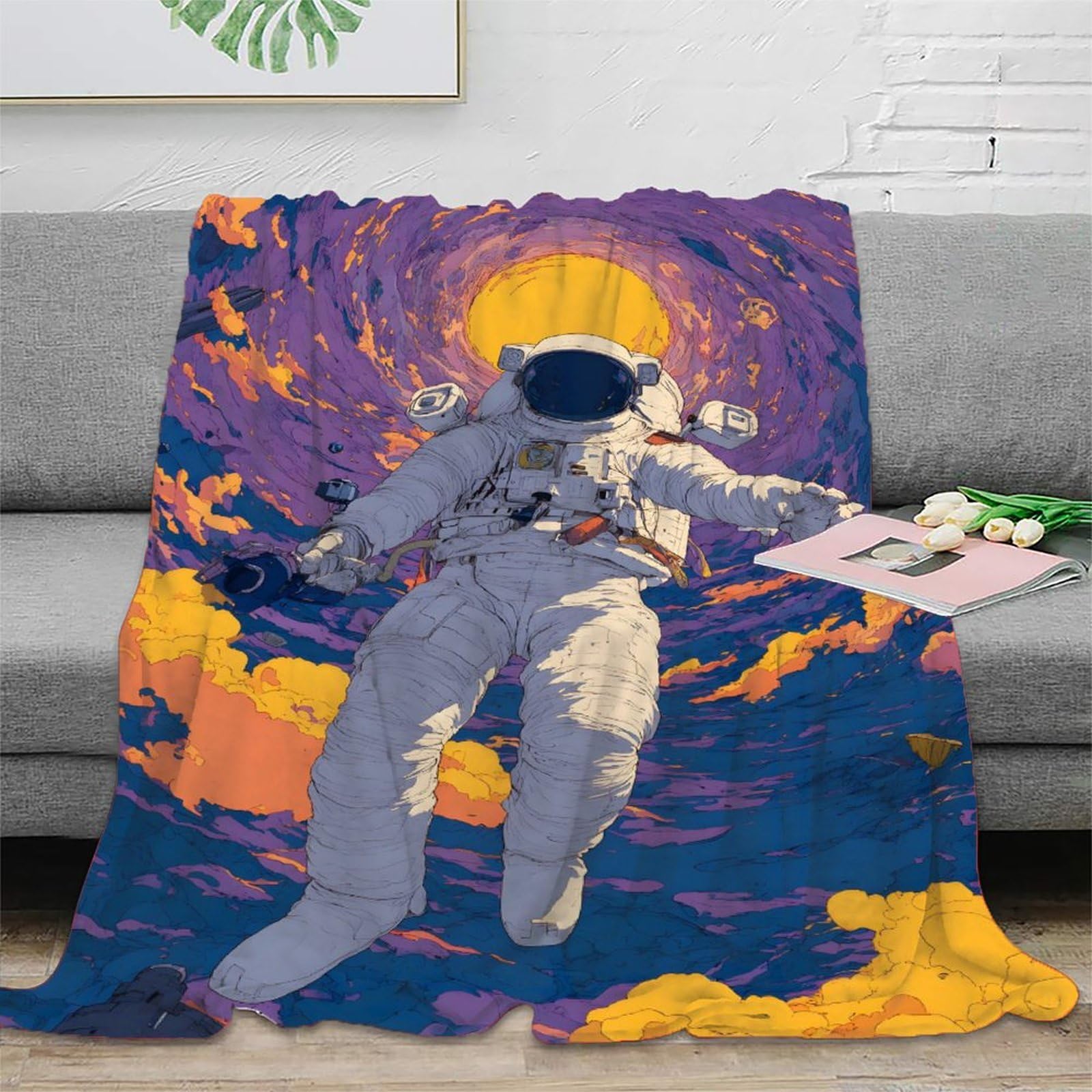 Farbechtes Weltraum Planeten Galaxie Sci-Fi Muster Flanell Fleece Decke, Astronauten Weltraum Mission Weicher Plüsch Bettüberwurf Für Wohnen, 80x90inch(200x230cm)
