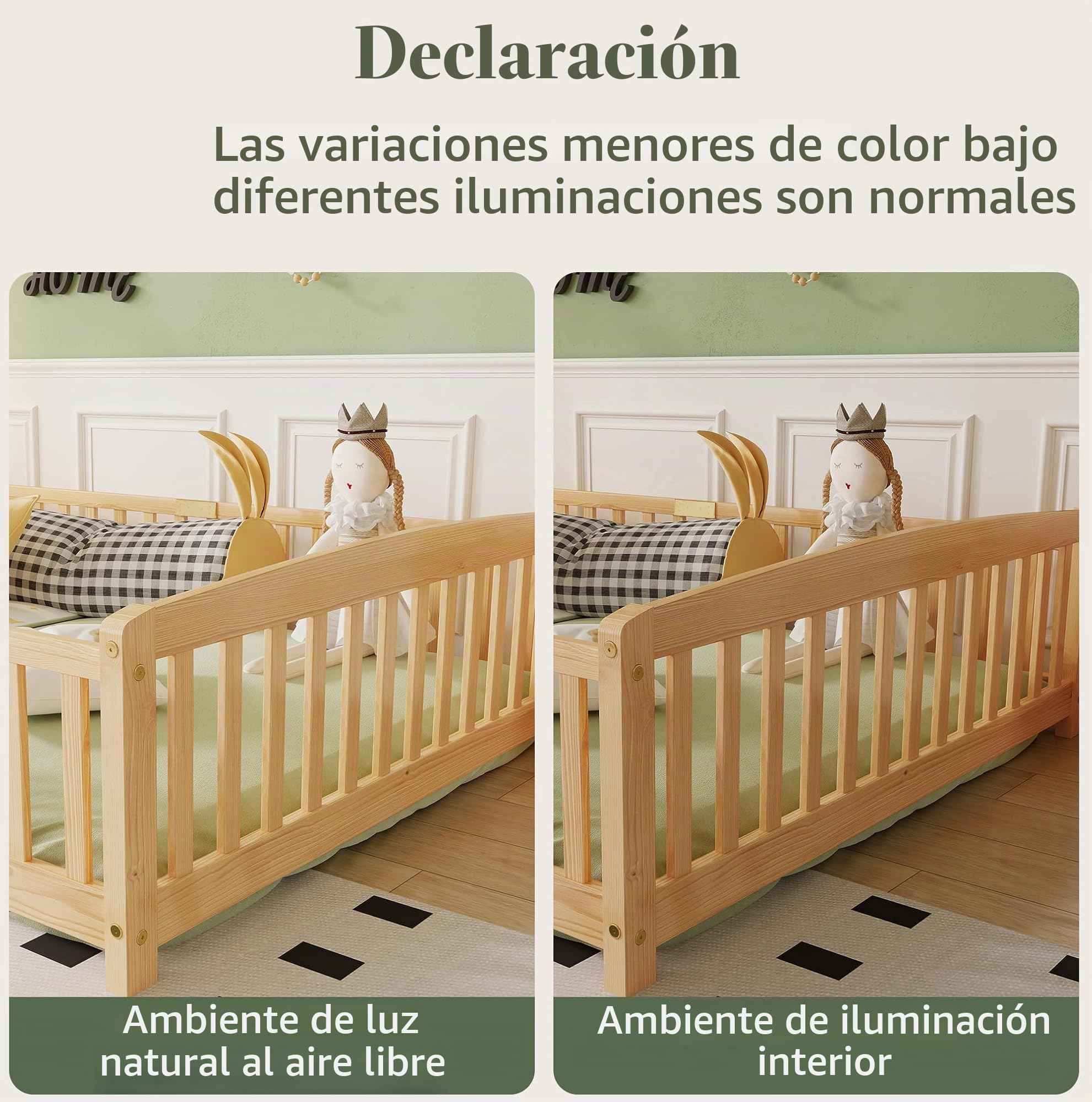 Cama Infantil Montessori 140x200 cm con Barrera, Color Natural