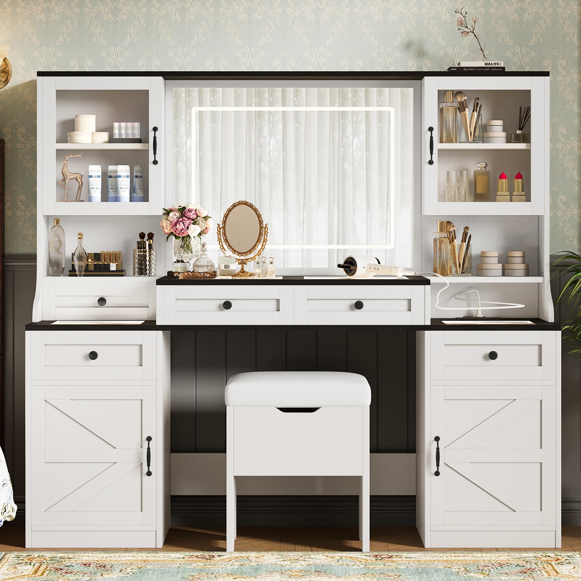 Photo 1 of ***PARTIAL SET - PRICE ADJUSTED***GDFStudio 61.5" Farmhouse Vanity Desk with Lighted Mirror, LED Dressing Table with Glass Desktop, Five Drawers, Four Cabinets, Charging Station, Cushion Stool Makeup Vanity Set for Bedroom