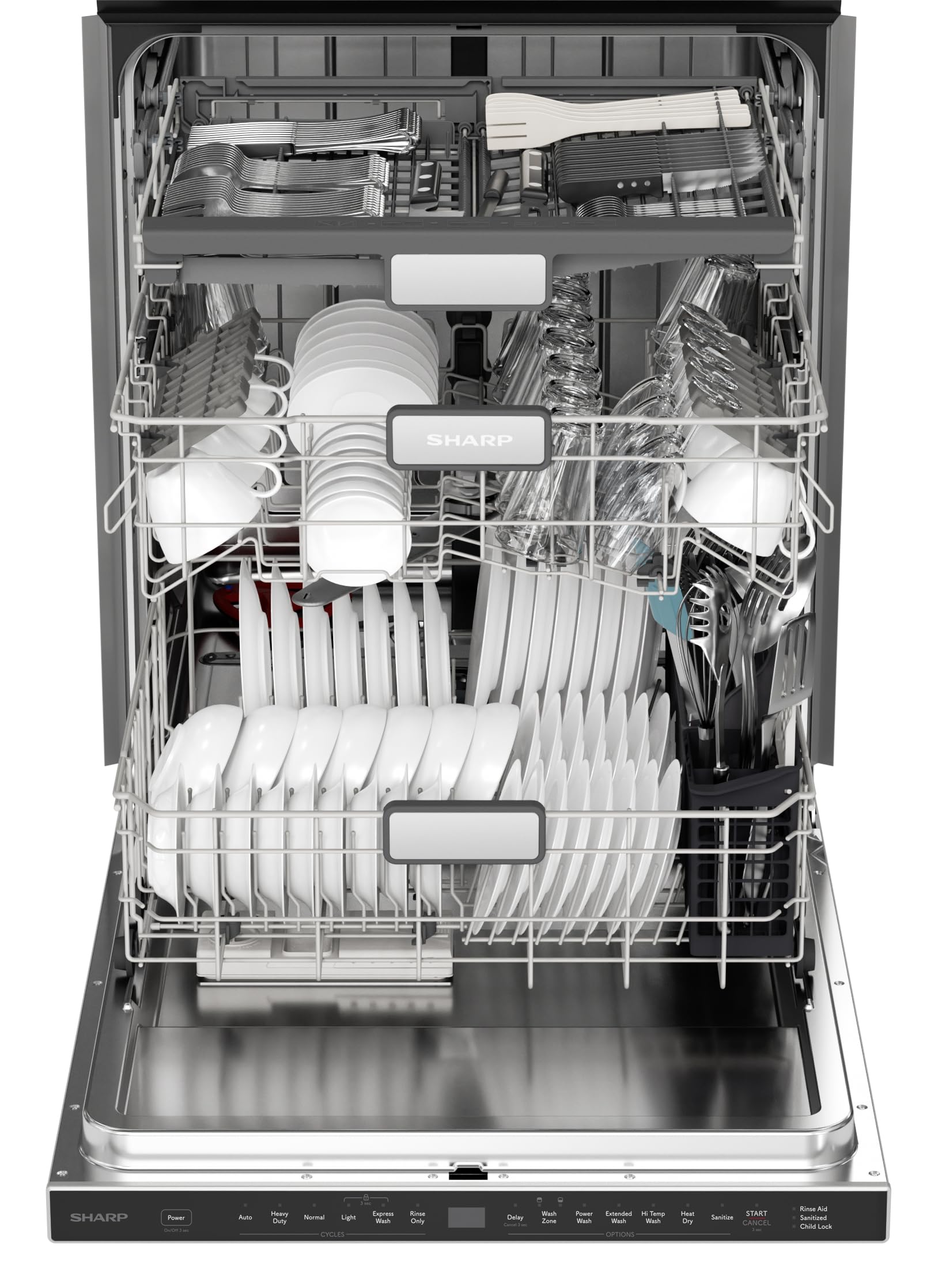 Sharp SDW6726MS 24-inch Stainless Steel Dishwasher, 47 dB Library Quiet, Third Rack, Power Wash Sprayer, 12 Place Settings,