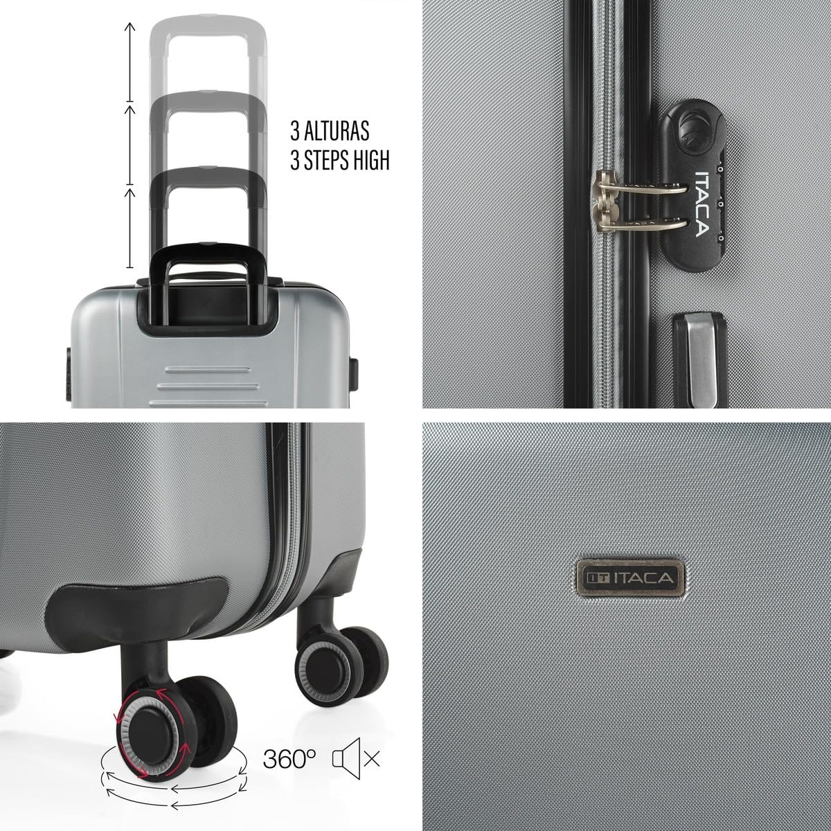 ITACA - Maleta de Cabina 55x40x20 de Viaje rígidas Trolley con 4 Ruedas Dobles para Avion Ligera Equipaje de Mano candado de combinación., Plata — view 5