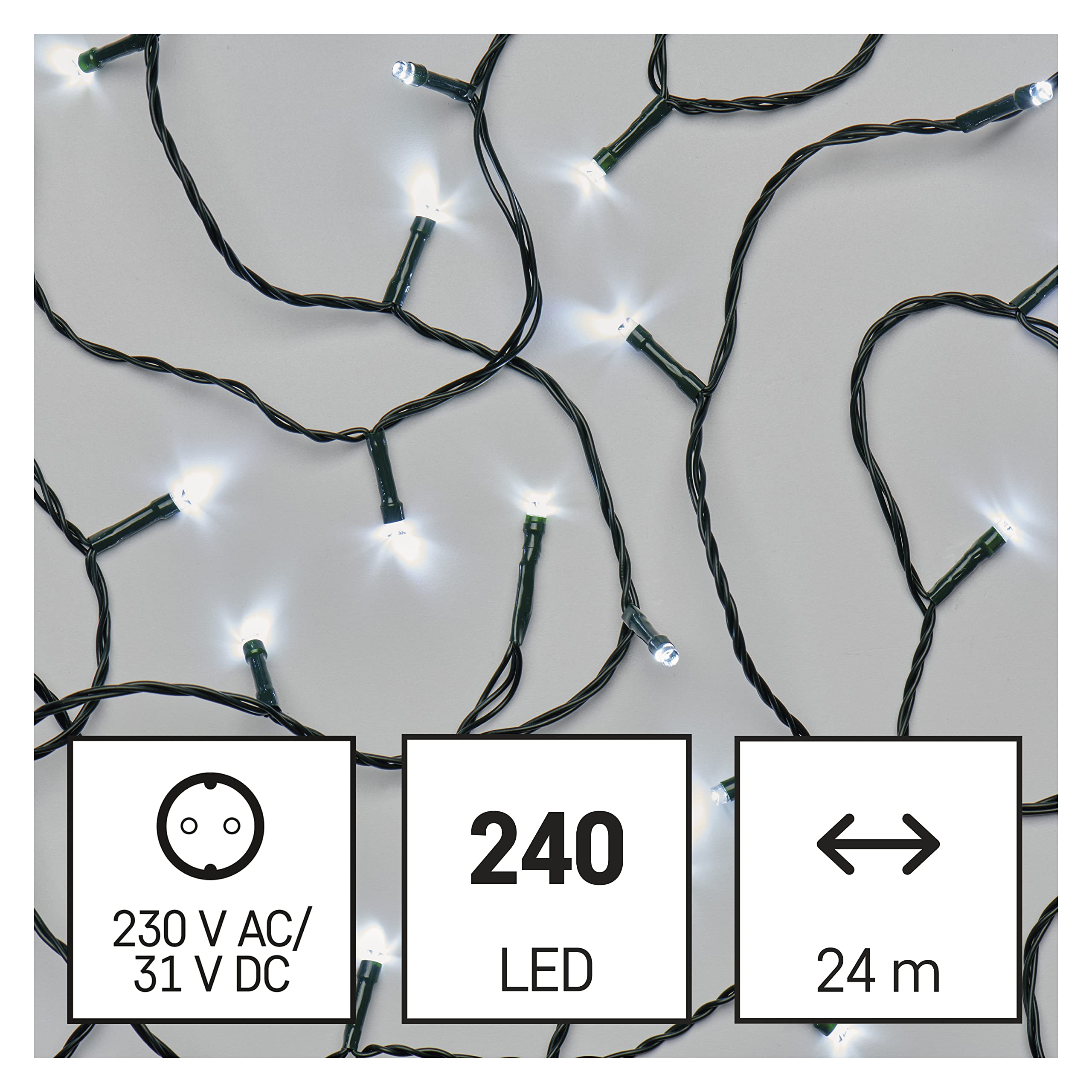 EMOS Catena di luci a LED bianco freddo per interni ed esterni, lunghezza 24 m, IP44, catena di luci di Natale con 240 LED + cavo di 5 m e alimentatore di rete, funzione timer