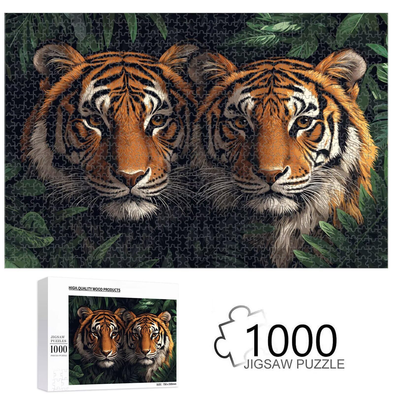 1000 elementów, puzzle dla dorosłych, tygrys i liść, drewniane puzzle 1T#641 | Drewniana konstrukcja, precyzyjne cięcie, jasne kolory, statyczne hobby, relaks, dekoracja domu, prezent, 50 x 75 cm