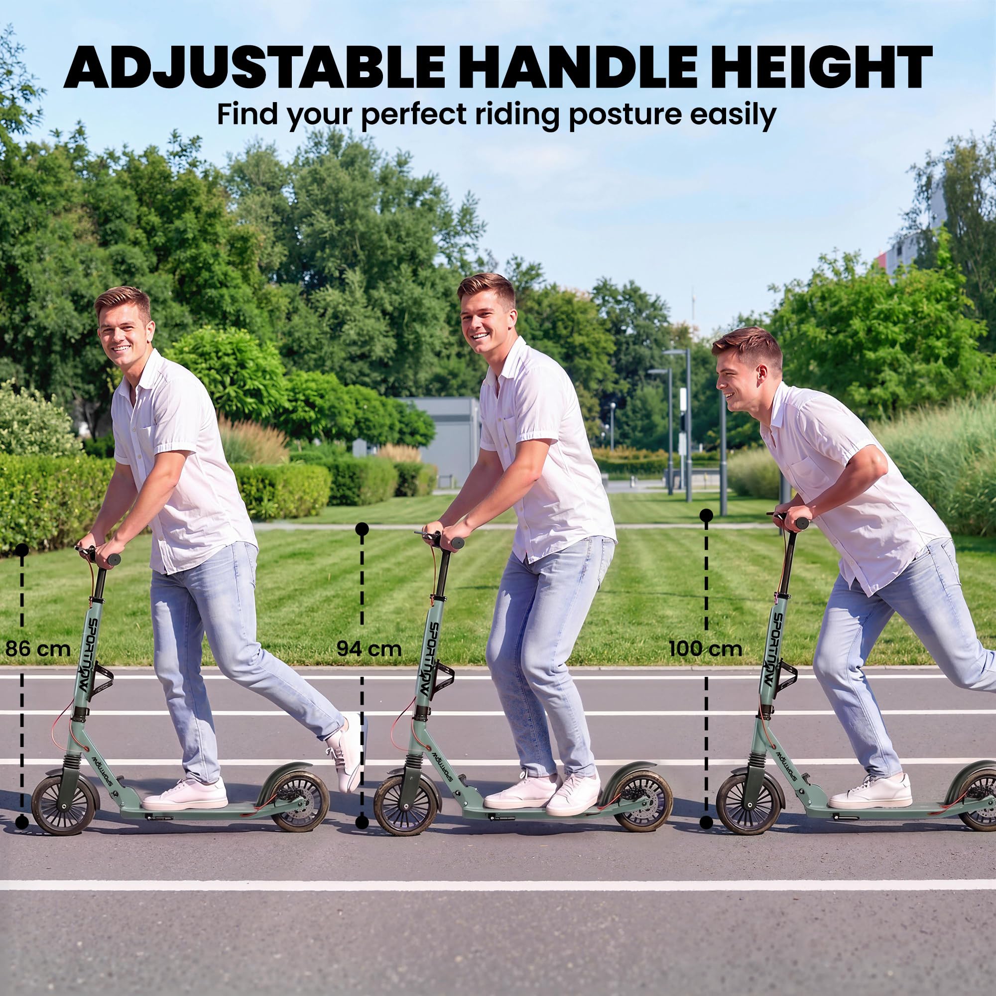 SPORTNOW Patinete plegable con manillar de altura ajustable, scooters plegables con un solo clic para adultos con ruedas grandes de 200 mm, absorción de golpes, rodamientos ABEC-7, sistema de frenos