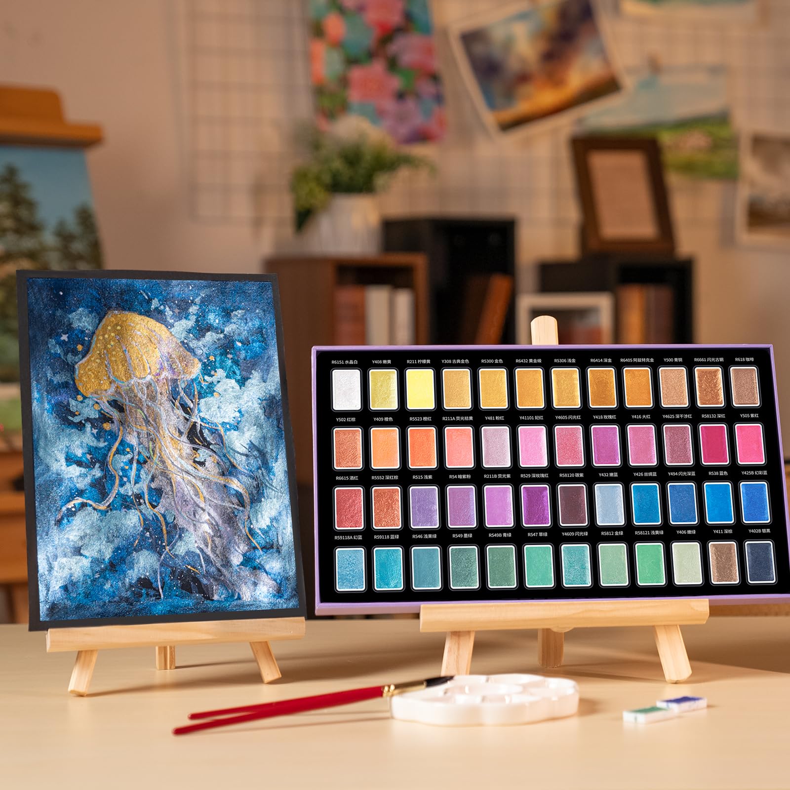 48 Farben Metallic Aquarellfarben-Set – Vollnäpfchen mit Perlmutt- & Glitzereffekt, hochpigmentiert, herausnehmbare Näpfchen. Ideal für Anfänger, Künstler und Aquarellmalerei