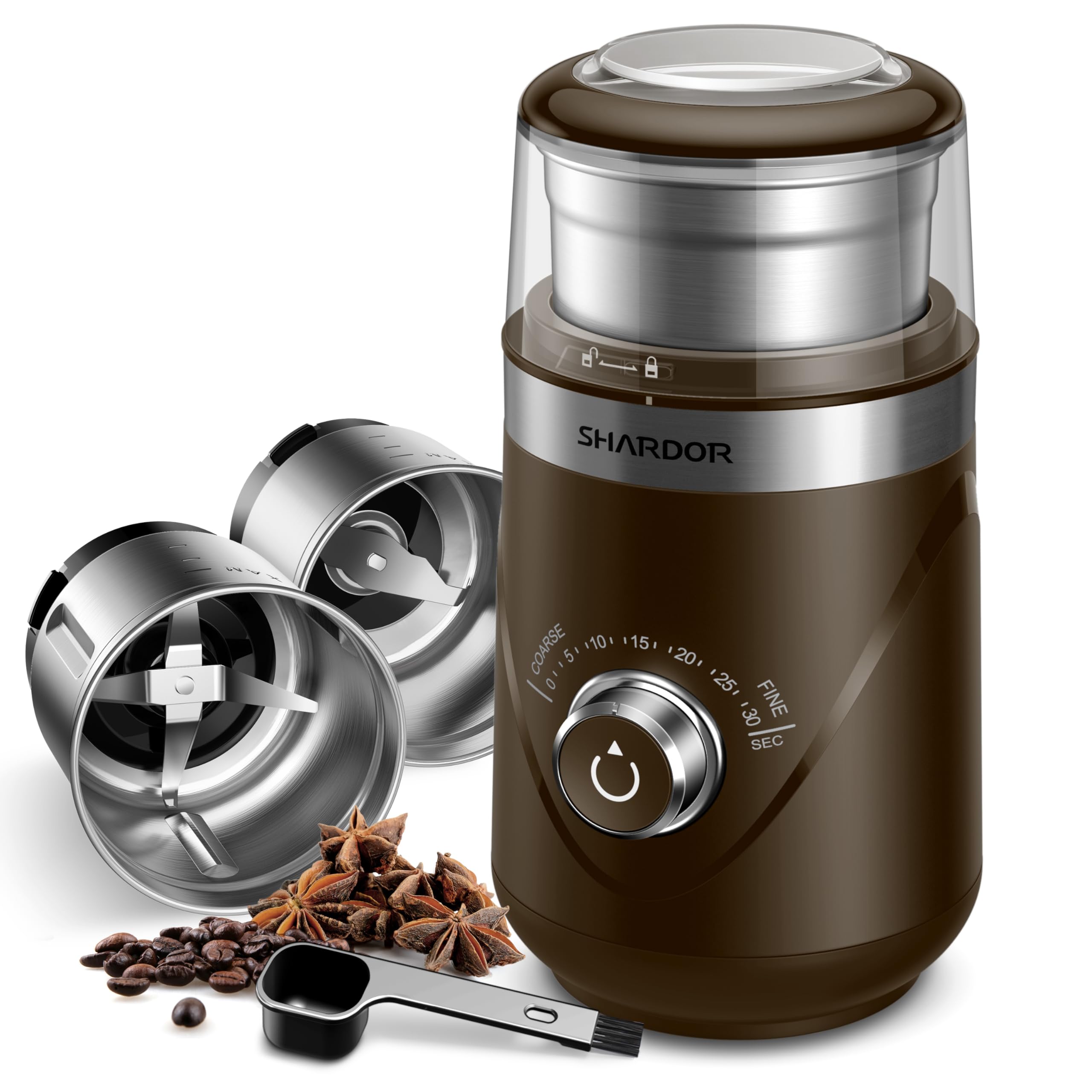 SHARDOR Electric Super Silent Blade Coffee Grinder, Timed Grind Control Rotary Knob, Adjustable Coarse to Fine for Coffee Beans, Spices &amp; Herbs, with 2 Removable Stainless Steel Bowls, Coffee