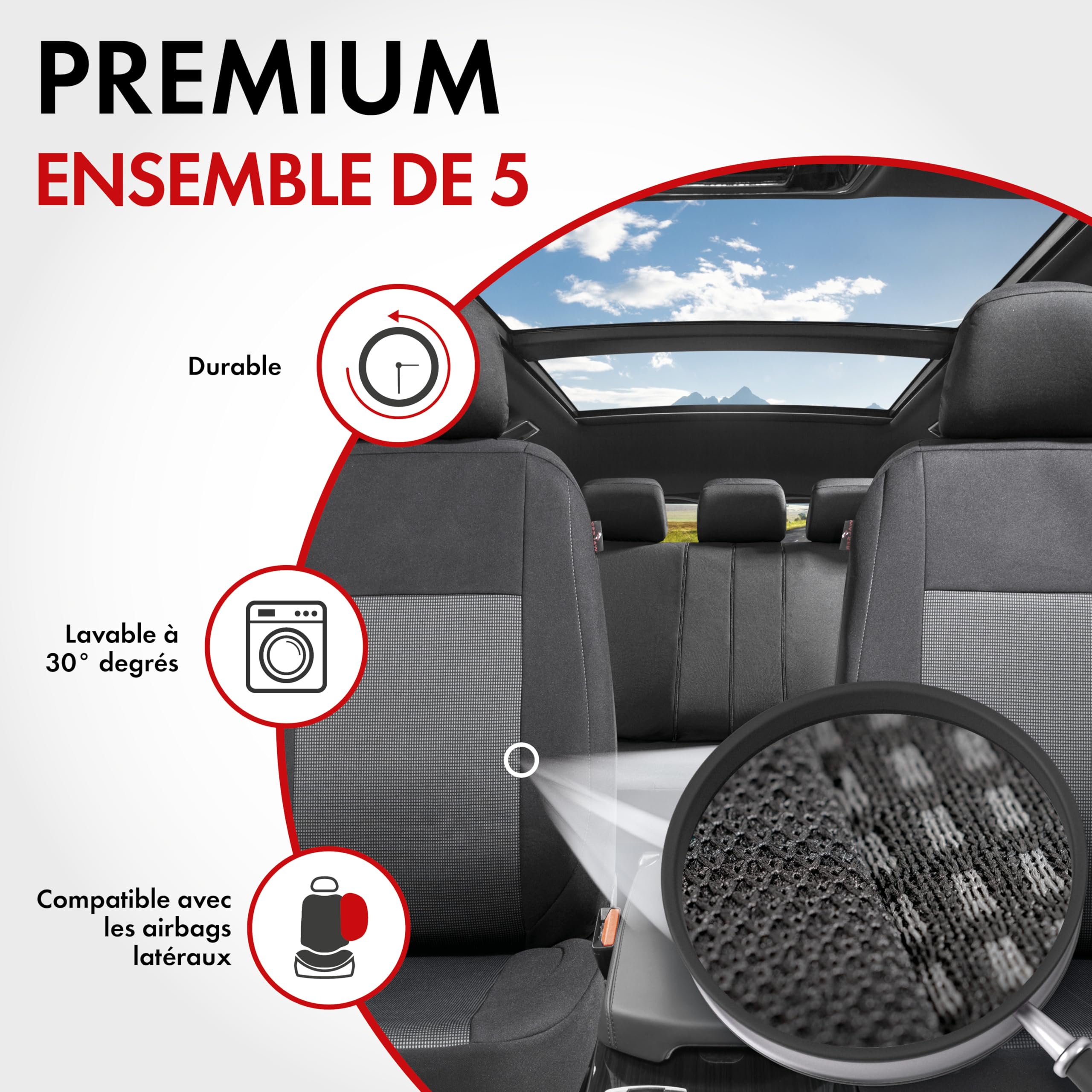 Walser Premium Housses de siège Ardwell avec système de Fermeture éclair, Zipp-IT Housses de Protection pour sièges Avant & arrière Noir/Gris 11869