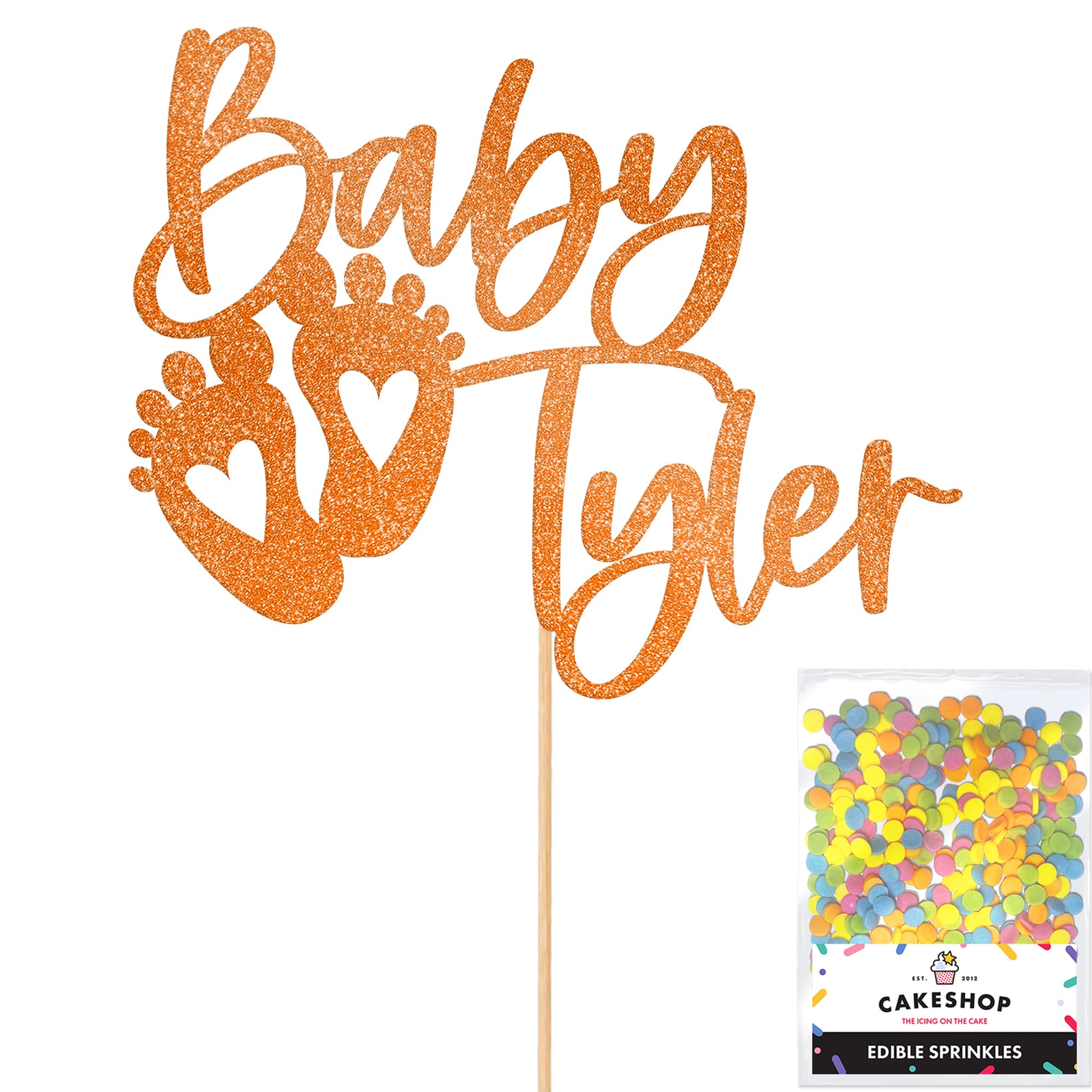 Cakeshop Personalised Baby Glitter Cake Topper With Sprinkles - Copper Orange Custom Colour - Any Name - Double-Sided Glitter Card Cake Decoration - Custom Toppers for Cakes