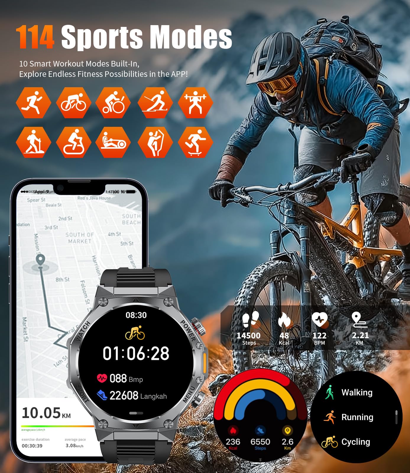 SUNKTA 1.85″ HD Smartwatch para Hombres Militar 800 mAh Batería Grande Reloj Inteligente para iOS Android Llamadas Bluetooth LED,Monitoreo de Salud Monitor de Sueño,100+ Modos Deportivos,Rojo
