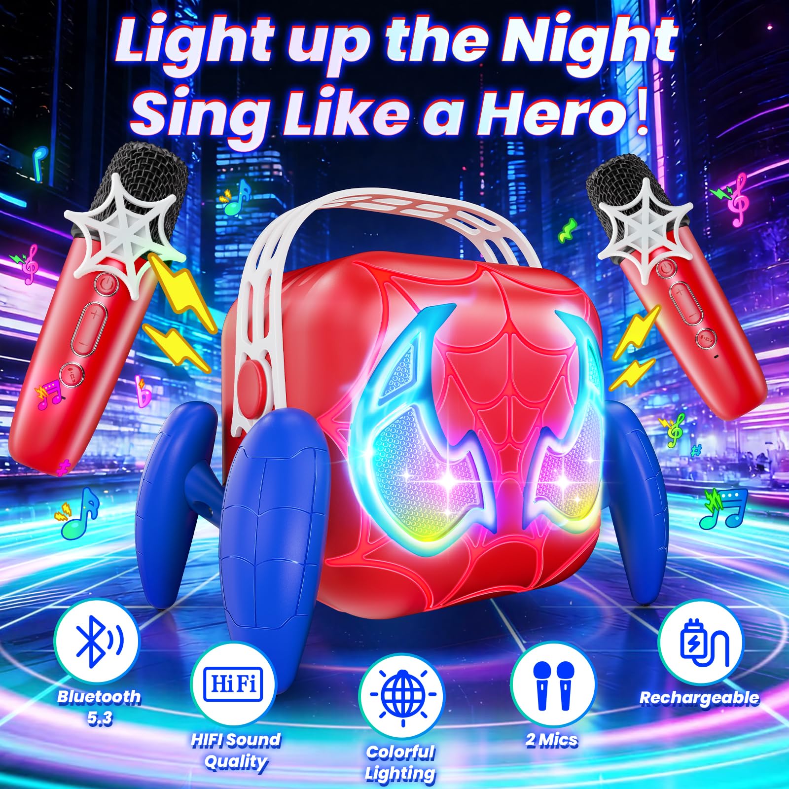 Karaoke per Bambini con 2 Microfoni Luci LED Regalo 3-12 Anni Maschio Giochi Compleanno Festa Natale