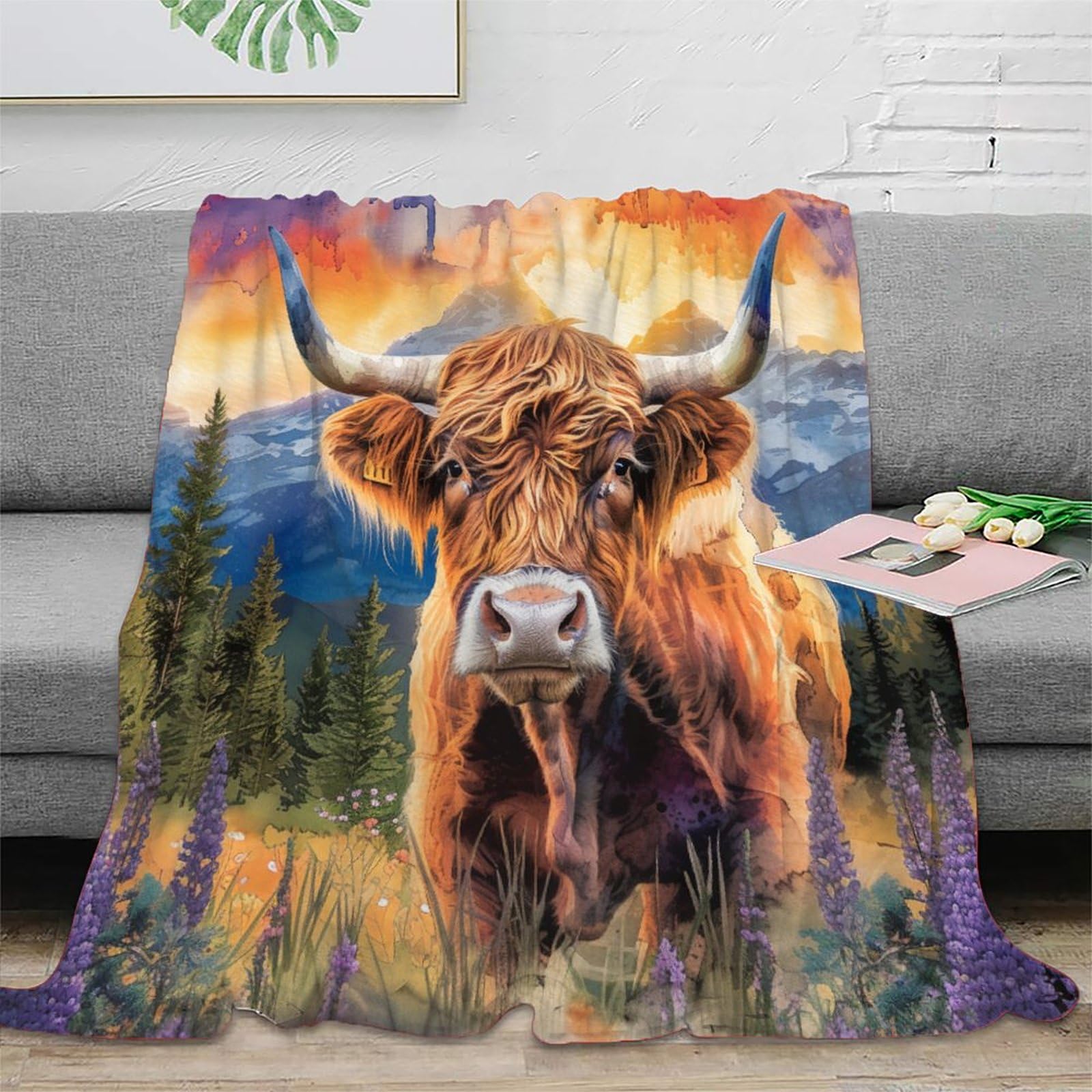NRAOPEVVD 3D Printed Highland Cattle Blanket Soft And Warm Super Soft Cozy Fuzzy Warm Throws with Anti-wrinkle/anti-tarnishing Lightweight for Sofa Bed Decor Bedroom Decor 40x50inch(100x130cm)